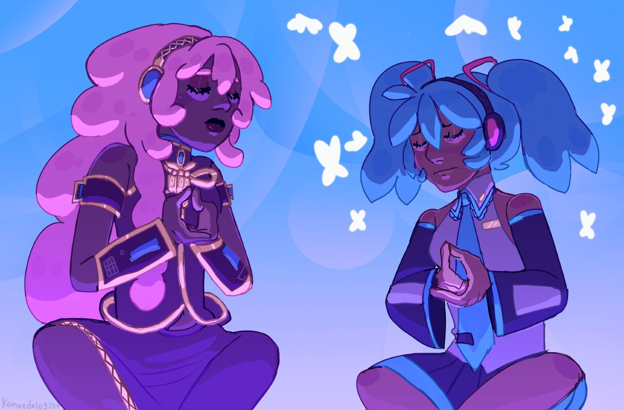 Two characters, Luka Megurine and Hastune Miku, sitting crisscross against a pink-to-blue gradient background.