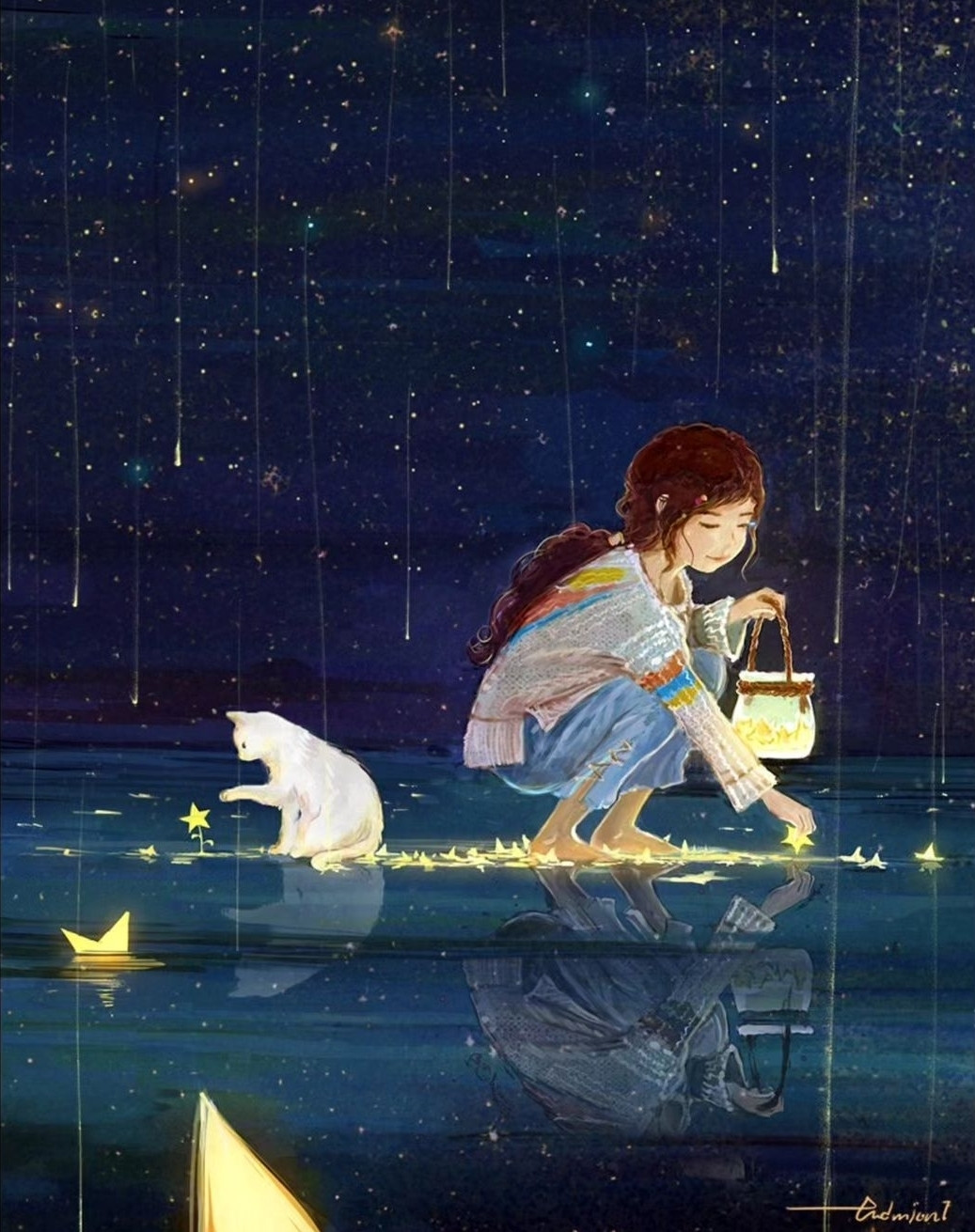 A painting of a little girl and her cat seemingly standing on water and fishing out stars.