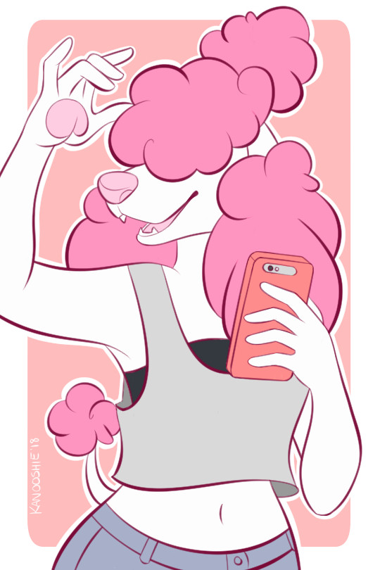 an illustration of an anthropomorphic poodle, she has white fur and a light pink nose, she has pink curly hair that covers her eyes and has the same coloured hair on her ears and tail, she has one hand up by her hair and the other is holding a cell phone, she's wearing jeans and a loose grey crop top with a black bandeau underneath