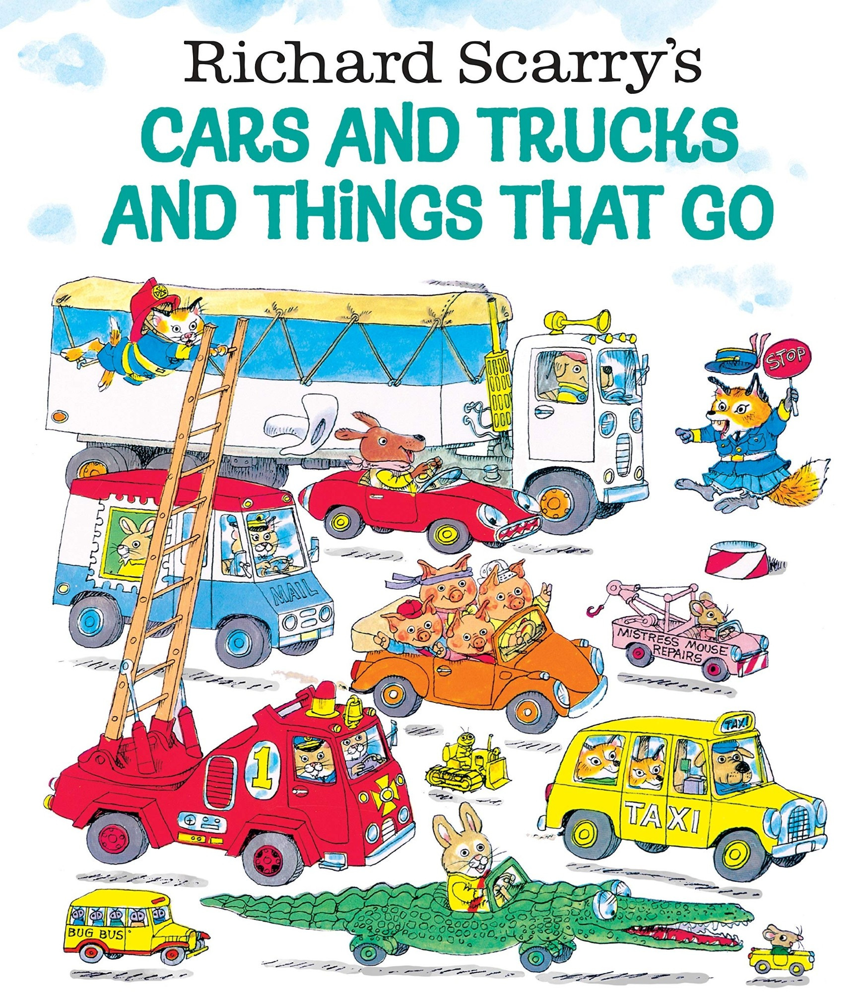 A cover art image of the Richard Scarry children's book "Cars and Trucks and Things That Go."

It's features all sorts of vehicles (and definitely one not-vehicle) driving past the viewer, all driven by assorted short anthropomorphic animal people.

From back to front, it features a long white transport truck driven by a dopey dog, a red sports car speeding towards an alarmed fox police officer holding up a Stop sign driven by a cowboy dog, a postal truck driven by a cat, an orange convertible filled with four pig people, a tiny pink tow truck driven by a mouse lady, a red fire truck with its ladder extended and a cat firefighter hanging from it that's driven by two more cats, a tiny yellow bulldozer driven by a bug, a yellow taxi ferrying two foxes driven by a dog, a tiny school bus filled with bugs, an alligator on wheels driven by a rabbit, and a tiny yellow car driven by a very distraught mouse.