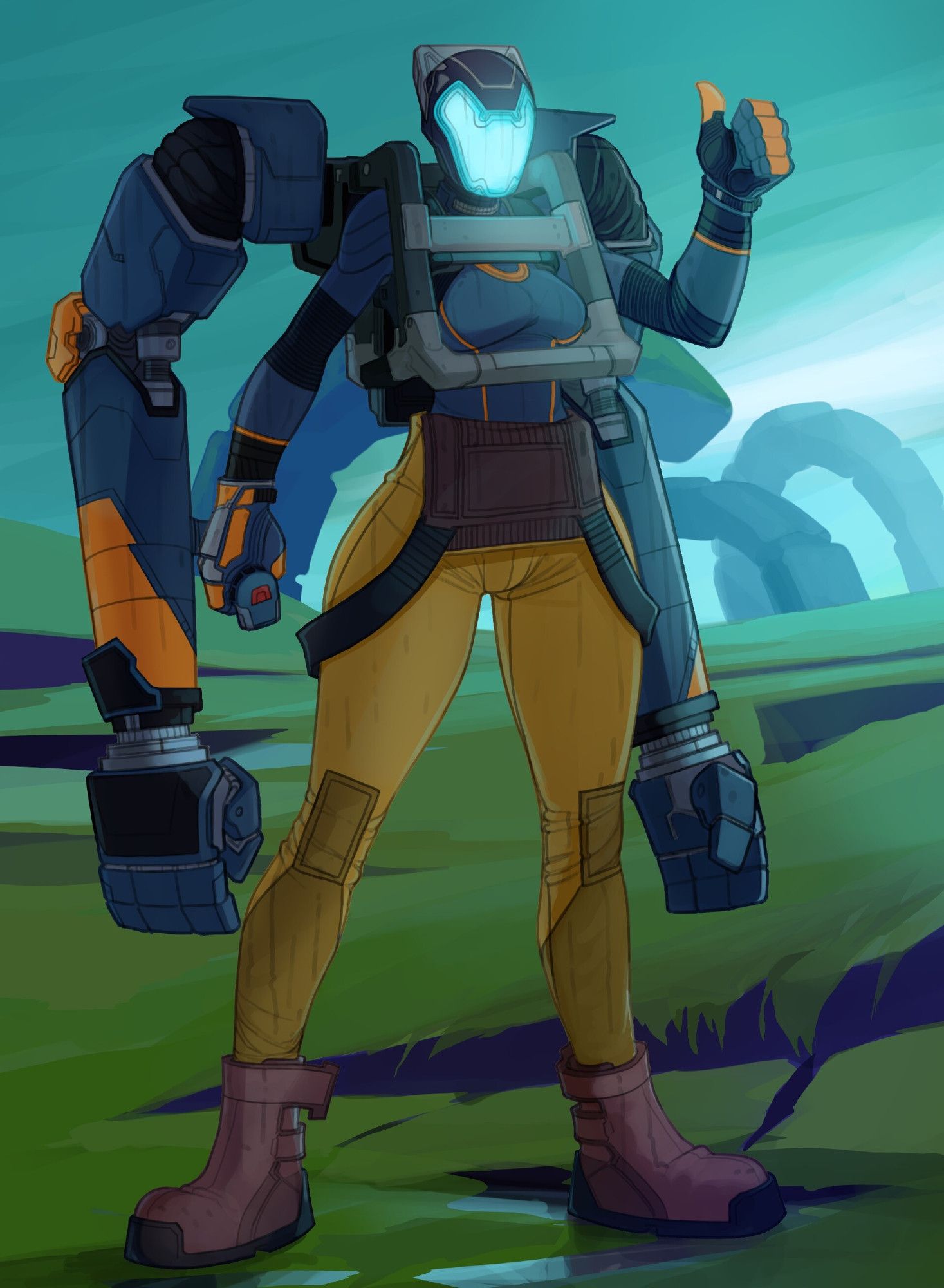 Art of the Risk of Rain character Loader, a woman wearing a mechanised exoskeleton featuring control rods worn in the hands, a brace around the chest, and two massive mechanical arms that look about as big as her legs and a bit of torso are. She wears a body-suit and heavy work boots, and her face is obscured by a form-fitting, illuminated oxygen mask.

She stands in a grassy field among ruins, offering the viewer a thumbs-up. Her mechanical arms hang limply from her exosuit's shoulders.

This is art by Levi Summers, available at https://www.artstation.com/artwork/NxYGW5