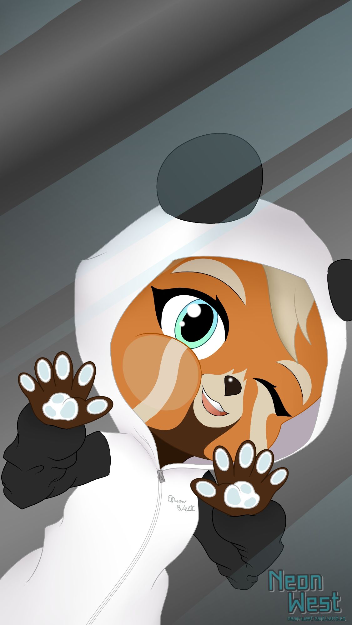 A wallpaper of a anthropomorphic baby red panda wearing a giant panda onesie while pressing her paws and face against the screen.