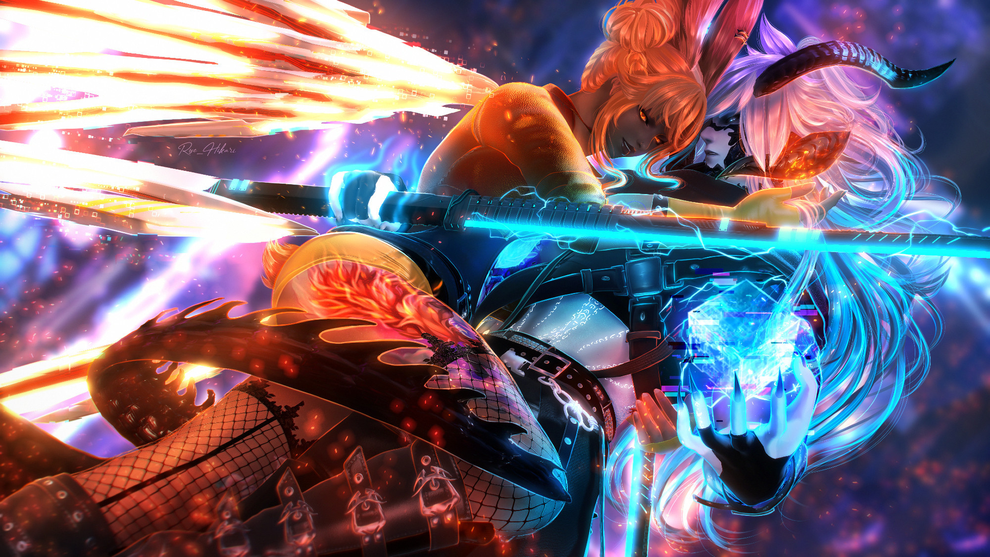 My part of a ff14 gpose collab with a dear friend of mine. It represents our two characters in a cyberpunk/futuristic AU setting, and also the clash of their aesthetic and colours: bright orange sparks and neon blue electricity and flames. All my cyberpunk themed pictures are related to the AU I created, where Zedkiel, my main character, is the hidden antagonist.