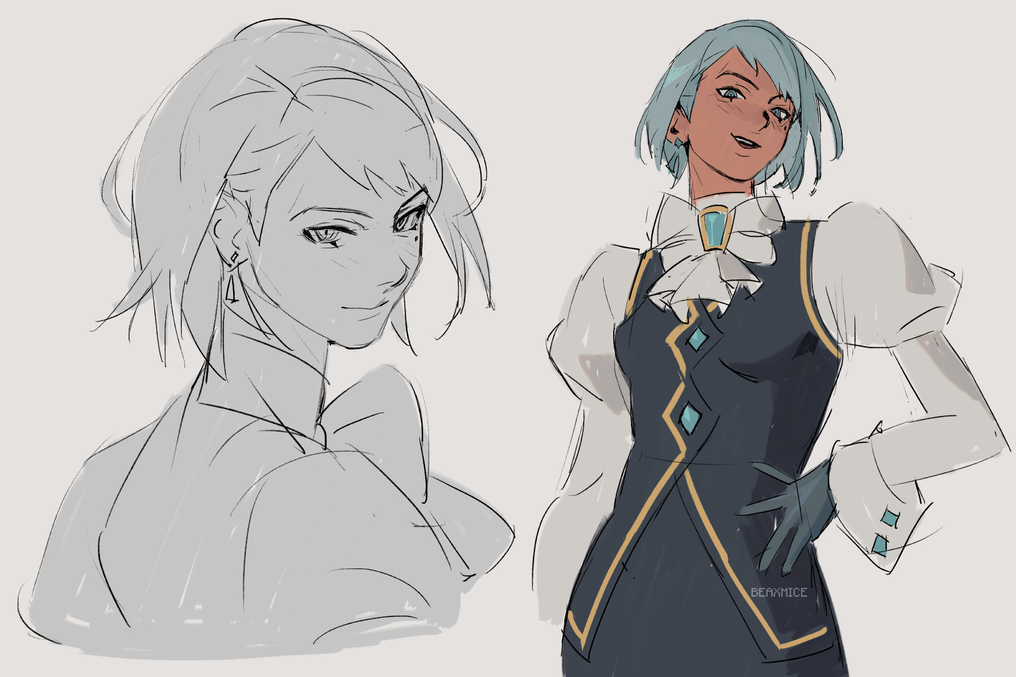 fanart of the character franziska von karma - on the right, she's posing with a hand to the hip, while to the left she's looking over her shoulder