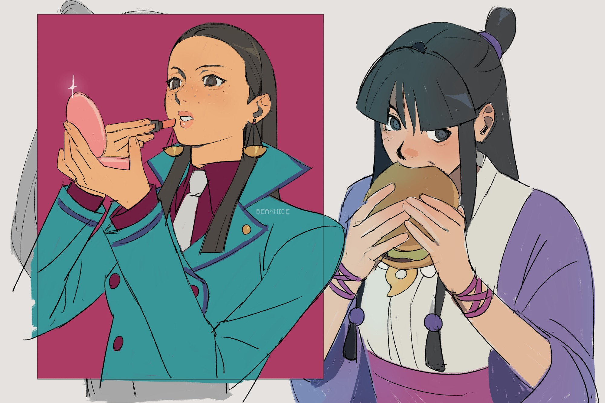 fanart of the characters calisto yew and maya fey, from the ace attorney series - calisto is putting on makeup, while maya is eating a hamburger