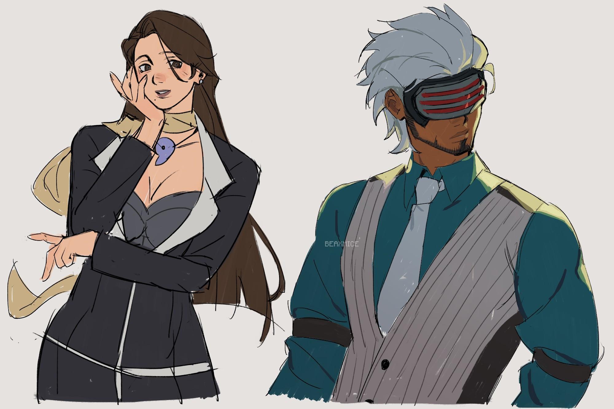 fanart of mia fey and godot, from the game series ace attorney