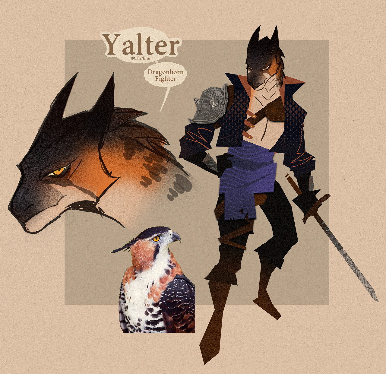 A character page depicting a dragonborn fighter. text reads "YALTER. 50, he/him." a headshot and fullbody illustration shows his design, along with the hawk he is inspired by. His horns and markings resemble the hawk.