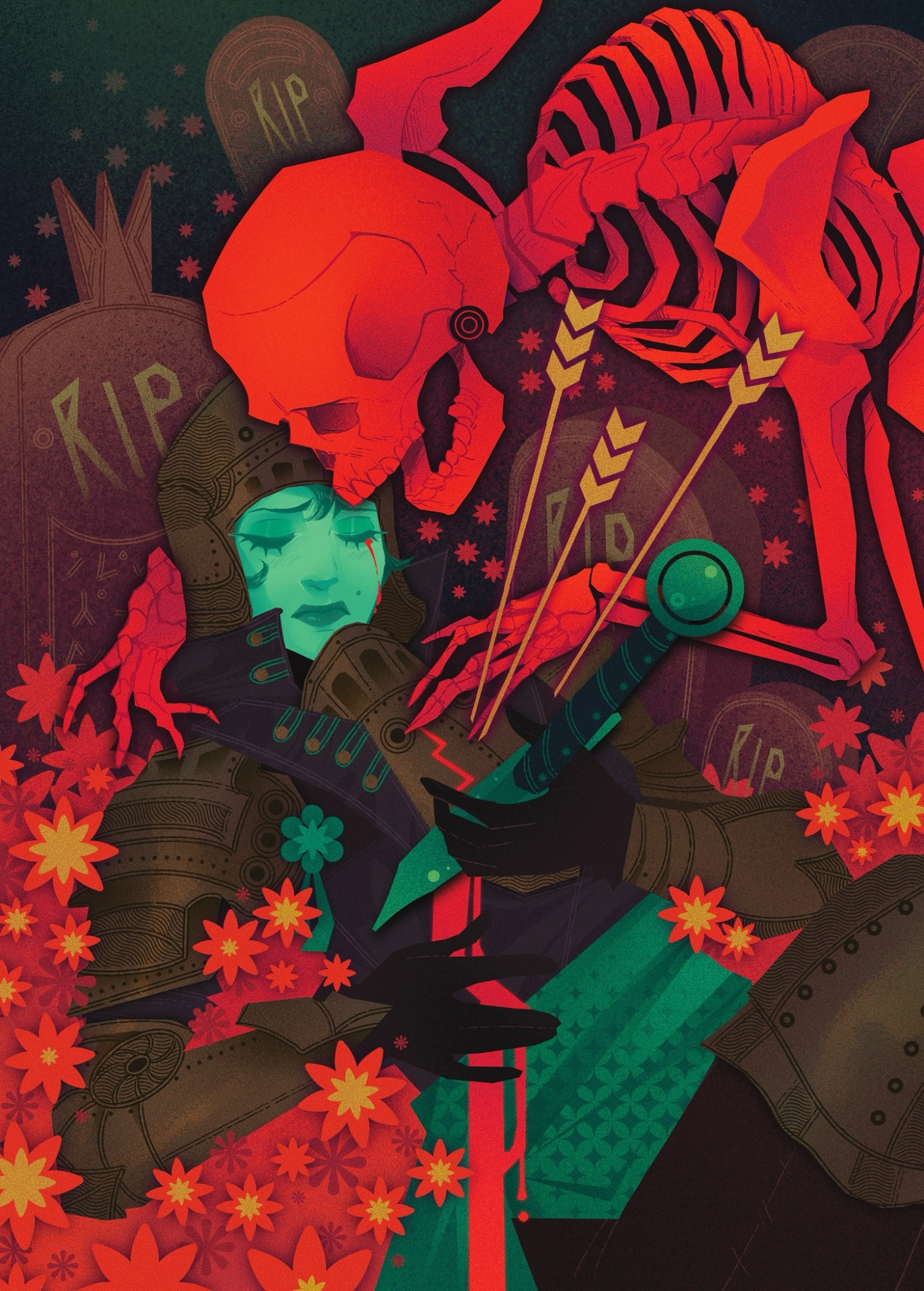 A digital illustration featuring a dying knight in a field of tombstones and flowers. A bright red skeleton looms over her, putting it's hand to her heart and whispering to her. Her expression is dour, crying over the sword in her chest.