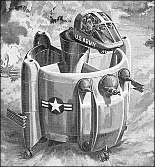 Monochrome drawing of a strange concept aircraft with a cockpit on a tilting platform in the middle of a massive ducted rotor with four sponsons, two with banks of three recoilless rifles each, and the one on the front/bottom of the aircraft having two machine guns and a grenade launcher mounted in gimballed turrets.