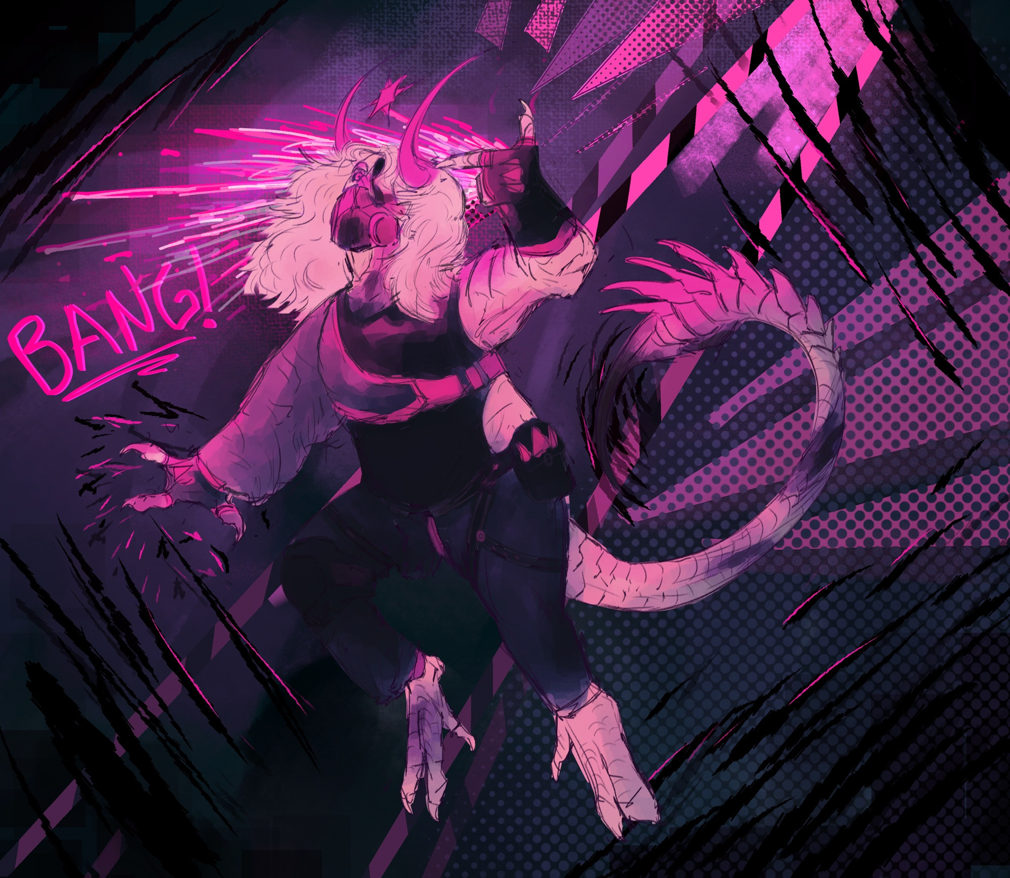 Digital art of Subspace from Phighting! The drawing is done entirely in blues, purples and pinks. Subspace has one hand raised to his head in the position of a finger gun. In the background pink splatters are drawn behind his head along with the text “bang!” In all capitals. Subspace himself has light shading with pink lighting and blue shadows. He’s drawn with a leg brace, a pouch on his left hip and a tail similar to that of a scorpion mixed with a wasp. The background is heavily textured, with random pink shapes dotting in and out of view and two pieces of caution tape stretched out behind him. There are black lines forming a dark frame around the image. 