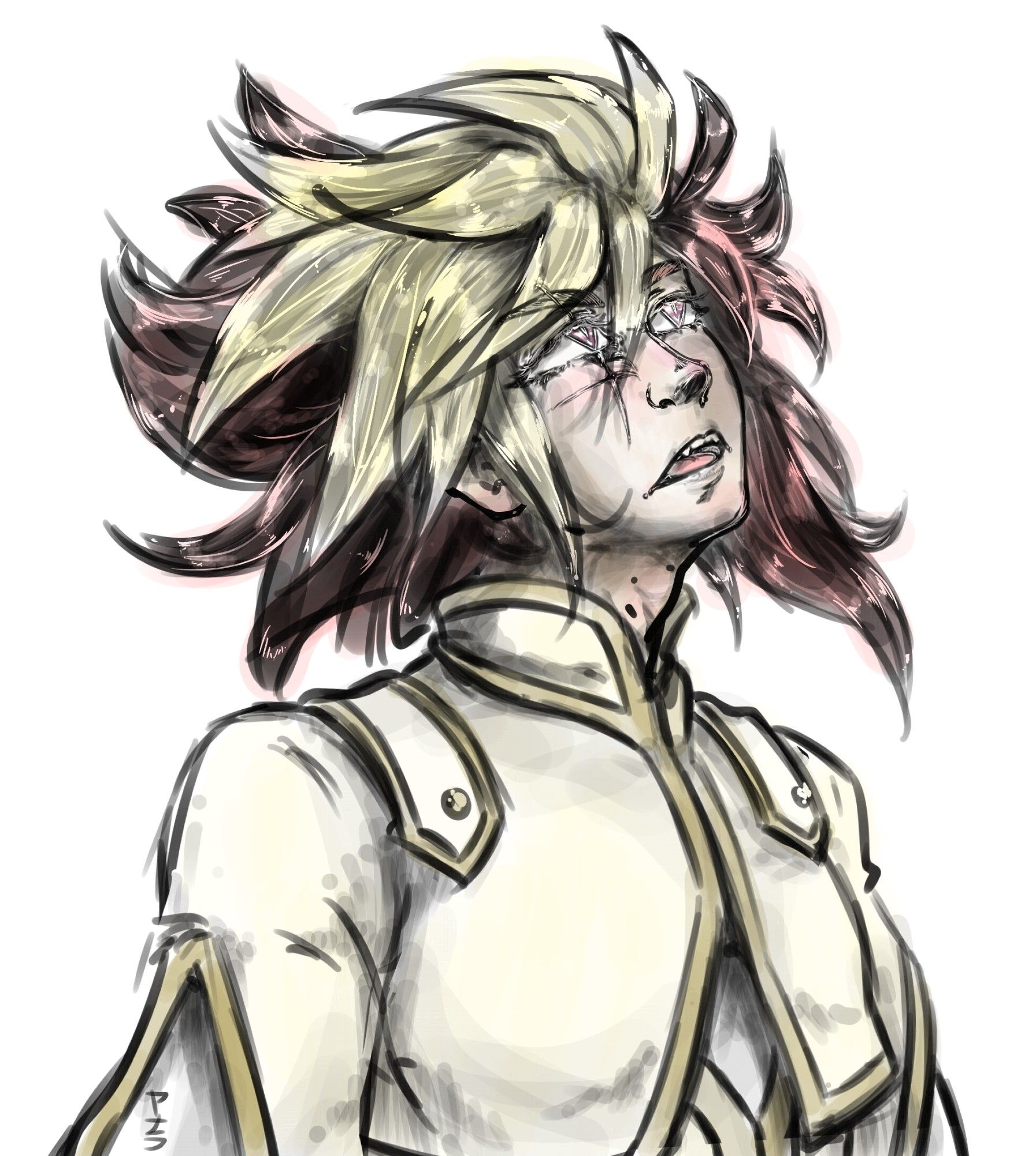 Experimental, non-polished glossy sketch artstyle of IV from Zexal looking up (what he is looking at is not especified), pure white background. His expression is somehow distant, contemplative, uncertain. Mouth slightly open, eyes kinda glisten. The art is colored, but nothing fancy, just some colors contrasting with the greyscale base directly.