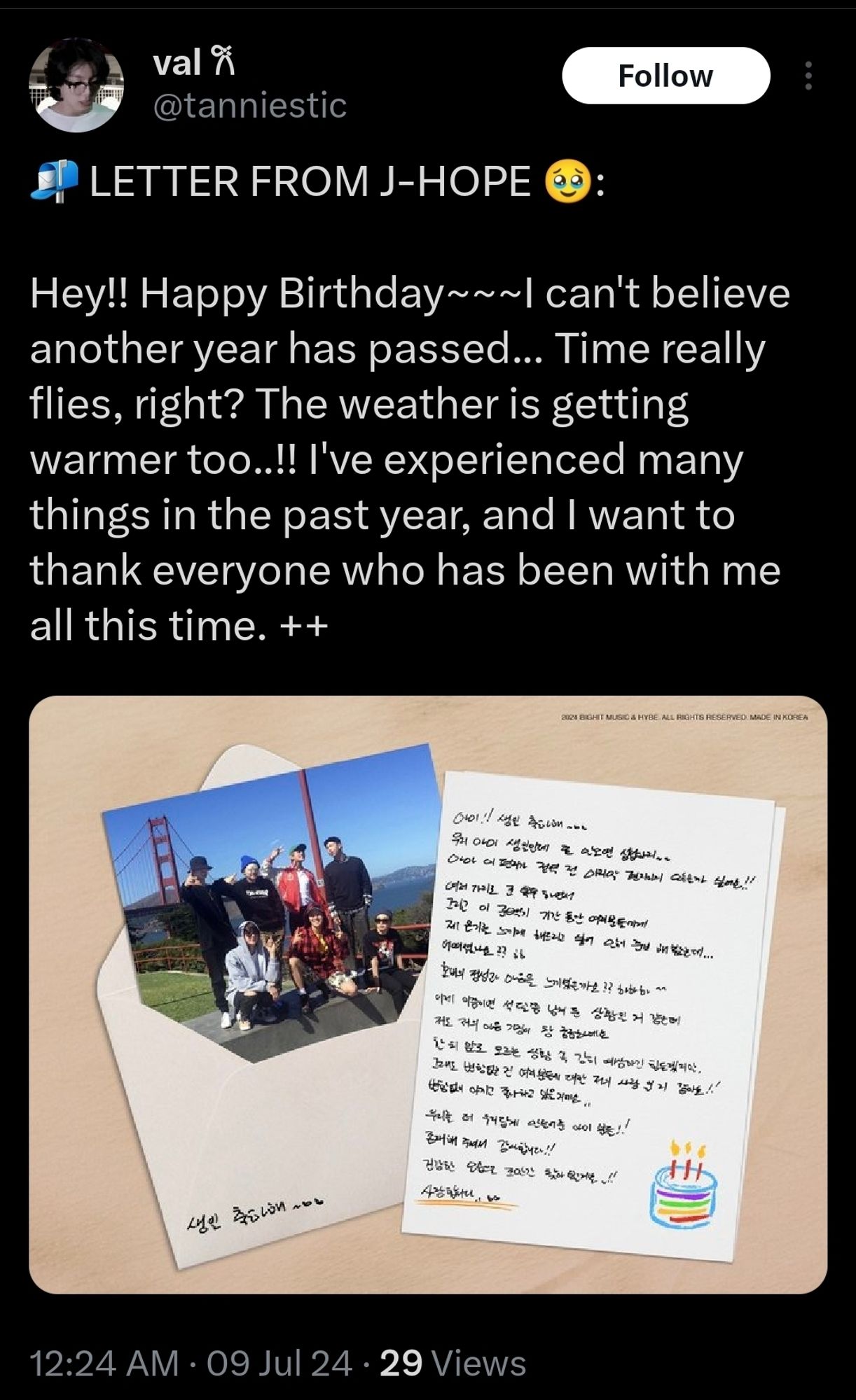 Screenshot of translations of a happy birthday letter from J-Hope of BTS to ARMY.