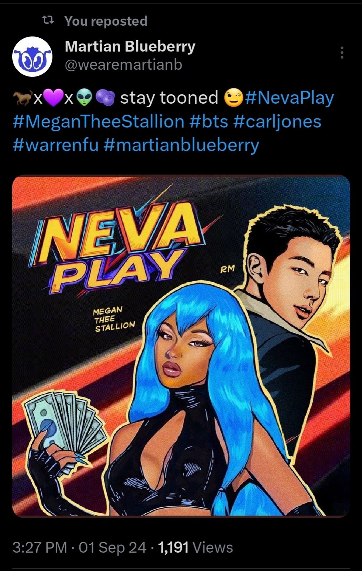 Twitter post by Martian Blueberry showing a collab between Megan Thee Stallion, RM of BTS, and Martian Blueberry for the song Neva Play.