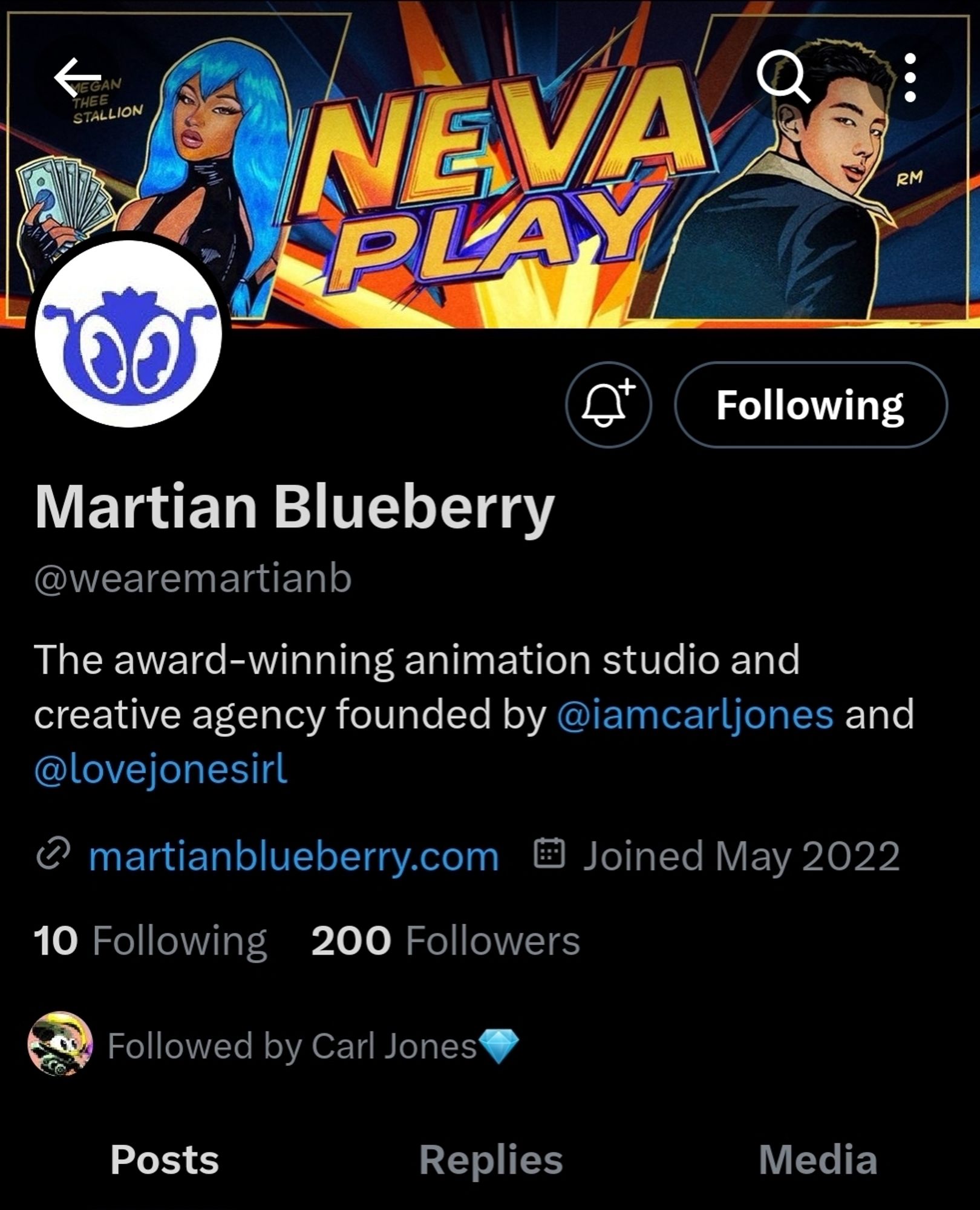 Twitter profile of Martian Blueberry showing it is the animation studio that belongs to Carl Jones.