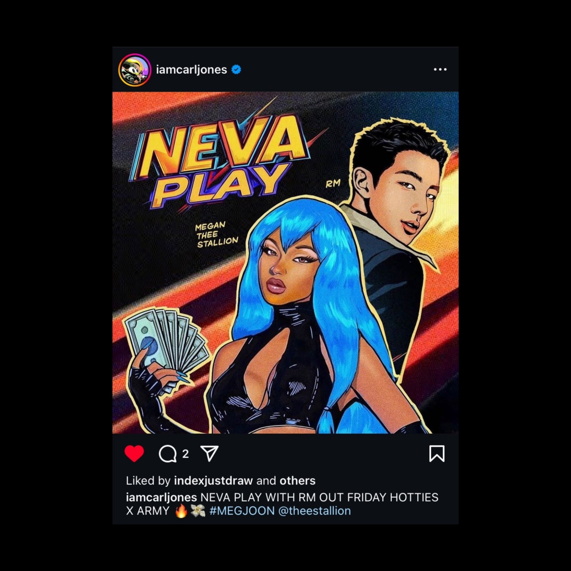 IG Post from Carl Jones, the executive producer of The Boondocks. Showing his artwork for Neva Play by Megan Thee Stallion and RM of BTS.