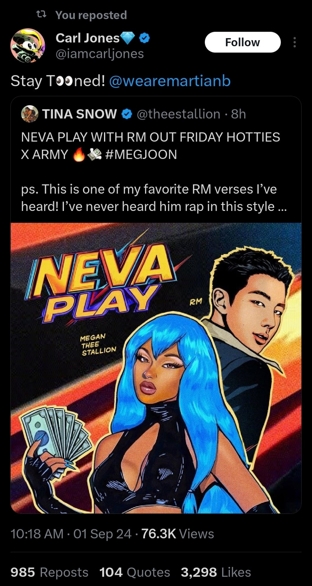 Twitter Post from Carl Jones, the executive producer of The Boondocks. Showing his artwork for Neva Play by Megan Thee Stallion and RM of BTS.