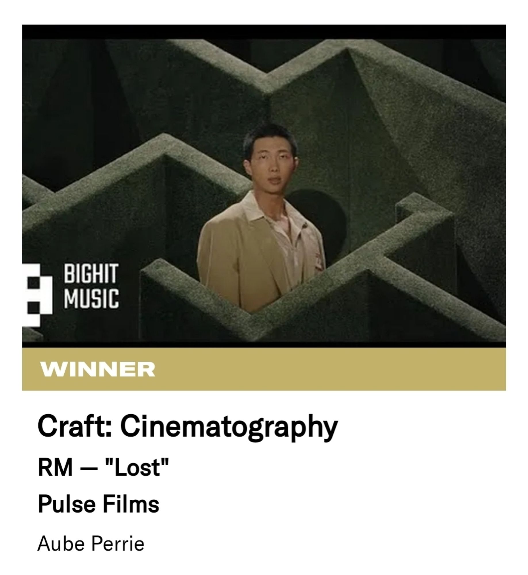 Screenshot showing the music video for Lost! by RM of BTS as the winner of Craft: Cinematography at the Berlin Commercial Awards.