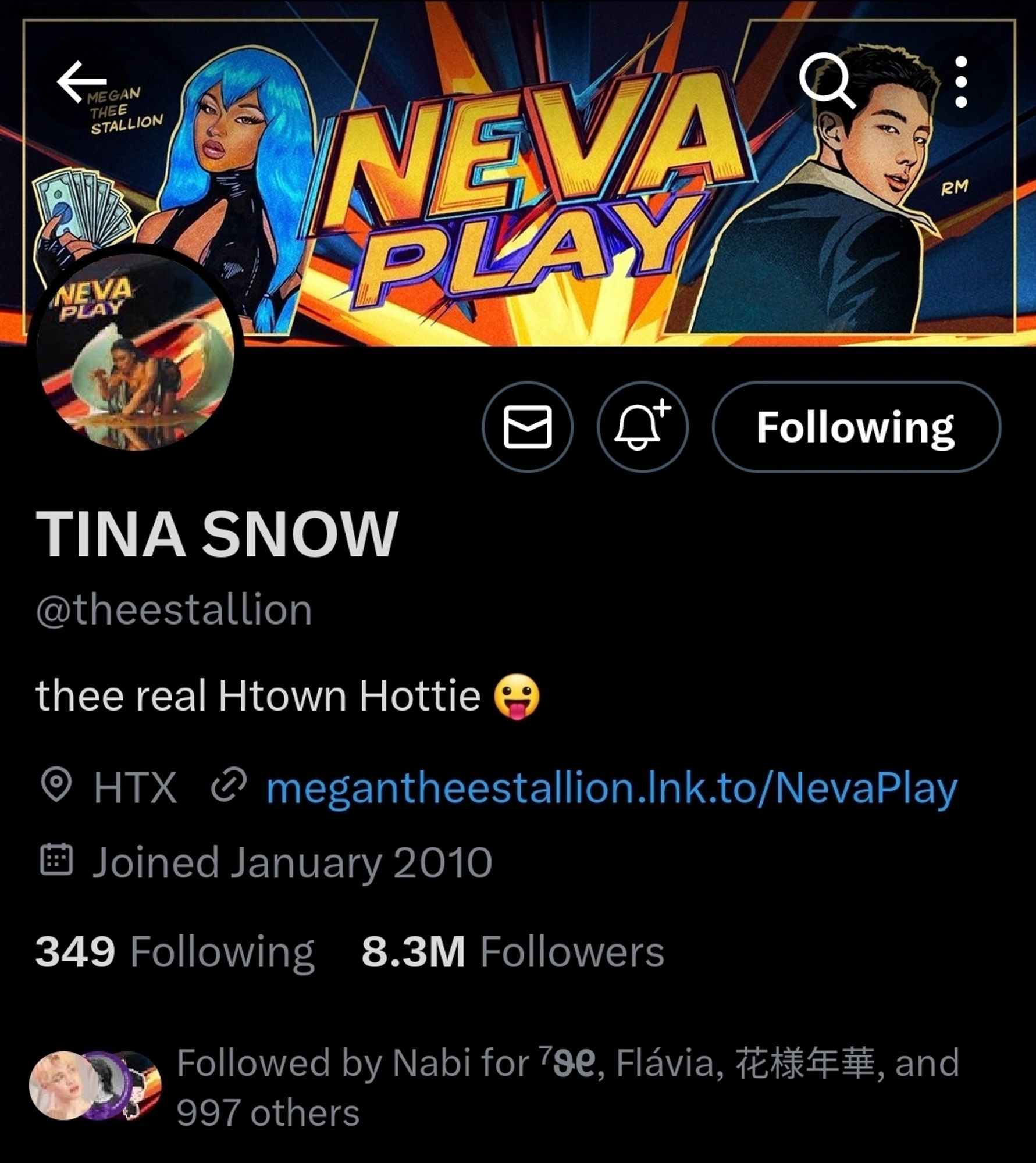 Screenshot of Megan Thee Stallion's Twitter profile showing her layout for Neva Play by Megan Thee Stallion and RM of BTS.