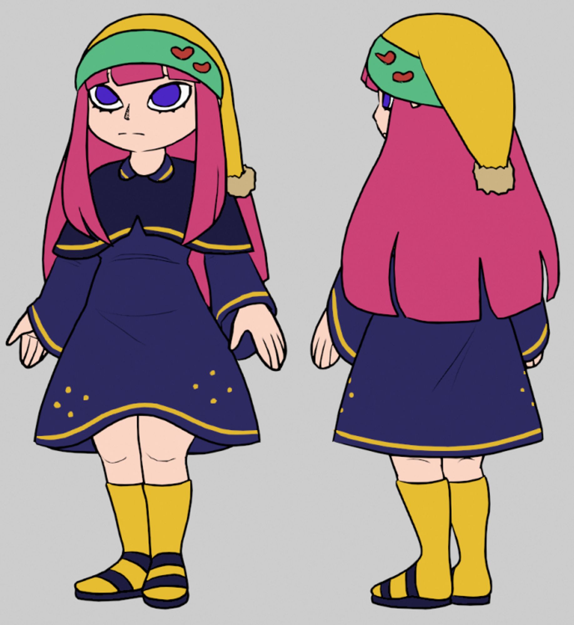 Character reference sheet of my legally distinct OC, Kana. 

Kana has light complexion, pink, waist length, hime-style hair and large, almond shaped, purple eyes with heavy eyeliner, especially along her bottom lashes.

Navy, waist length robes and a dark shawl cover her shapely figure. Both have gold accents along the hems. The robes also feature an uninspired pattern of gold dots along the bottom. She's wearing mid-calf socks and sandals too, gold and navy as well (keeping the color scheme simple).

She's wearing a delightful hat. It's got the shape of a santa hat with a gold body, a green brim, and two small heart pins towards the side. A fluffy ball is attached to the end which droops down to her shoulder.

WIP details are not finalized. The character limit on the alts are really generous.