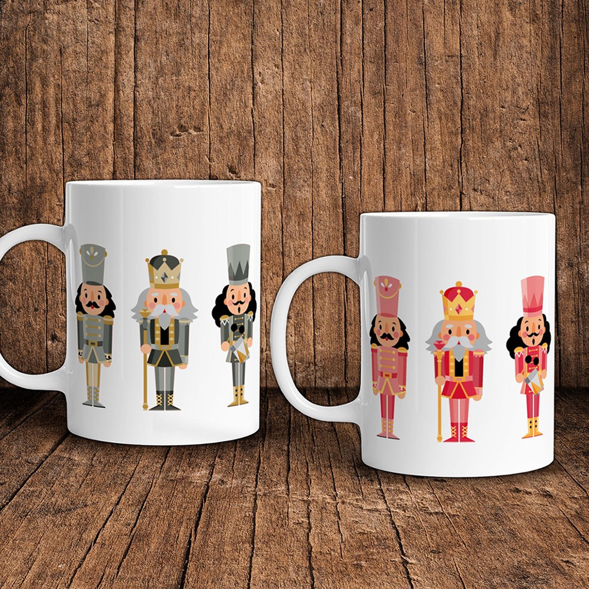 Mugs en céramique au motif de 3 petits personnages de casse-noisettes, comme dans le conte de Noël. Existe en deux versions : une dans les tons gris et une dans les tons roses.