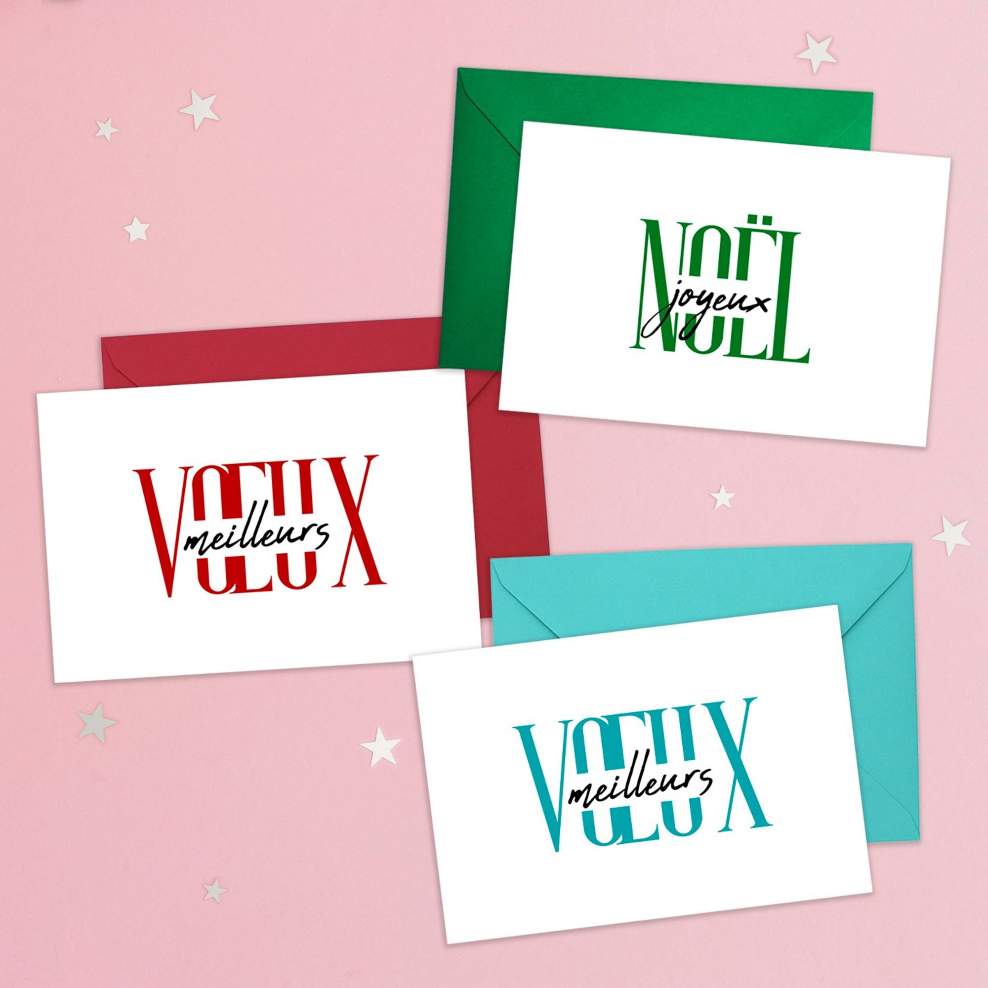 Cartes de Noël et de vœux illustrées simpliment par des mots supperposés dans des couleurs vives.