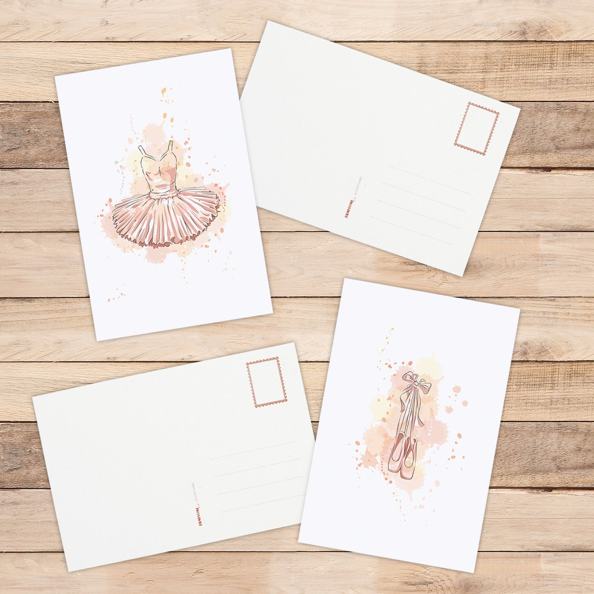 Lot de deux cartes postales représentant un tutu et une paire de pointes de danse classique aux dégradés de couleur rose pastel.