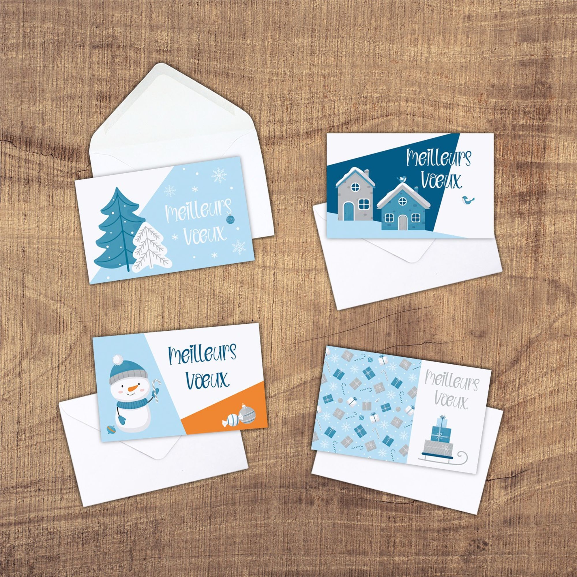 Cartes de vœux 4 modèles au choix aux motifs de bonhomme de neige, de maison, de sapins, de flocons ou de traineau avec des cadeaux