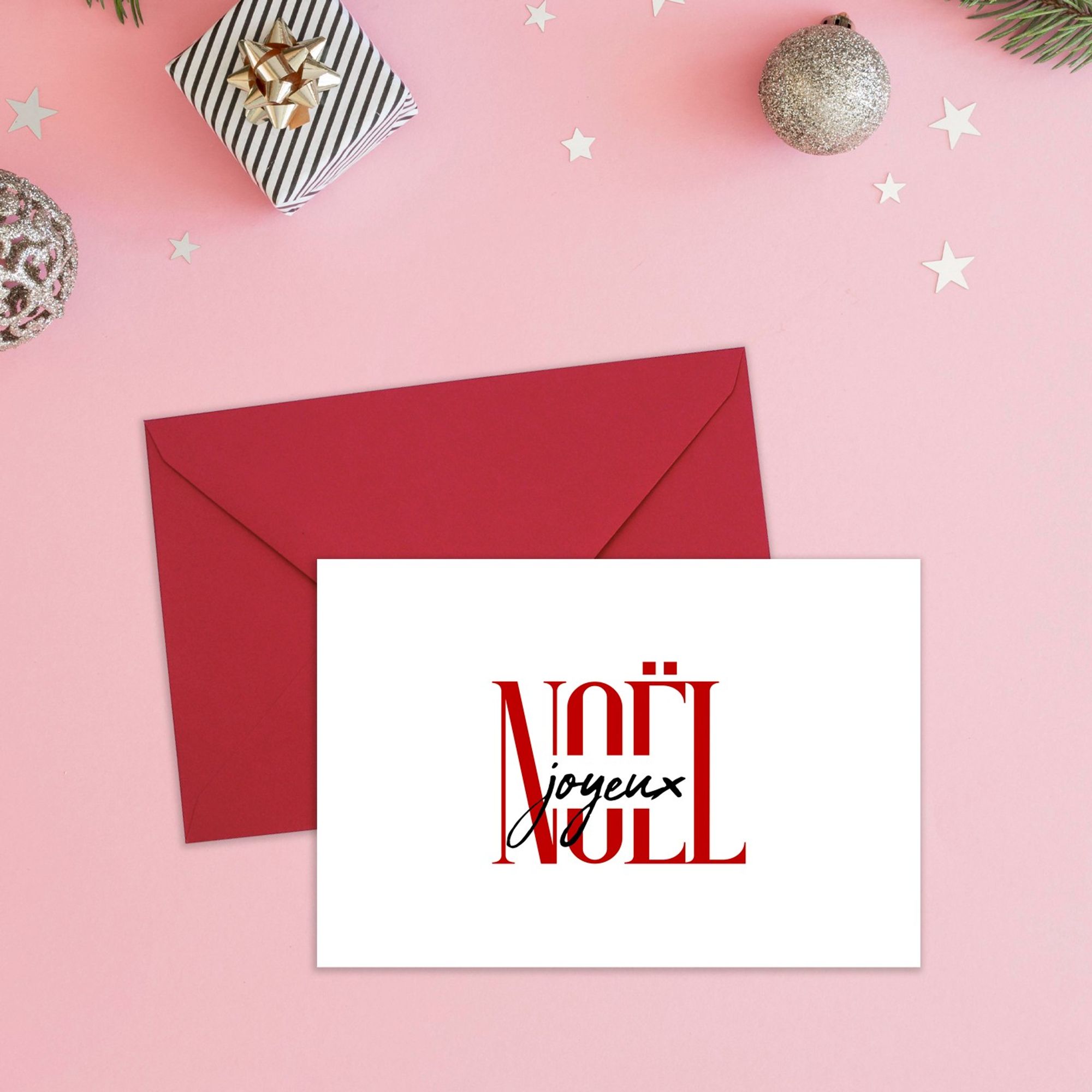 Carte de vœux illustrée simpliment par des mots "joyeux" et "Noël" supperposés. Modèle rouge vif.