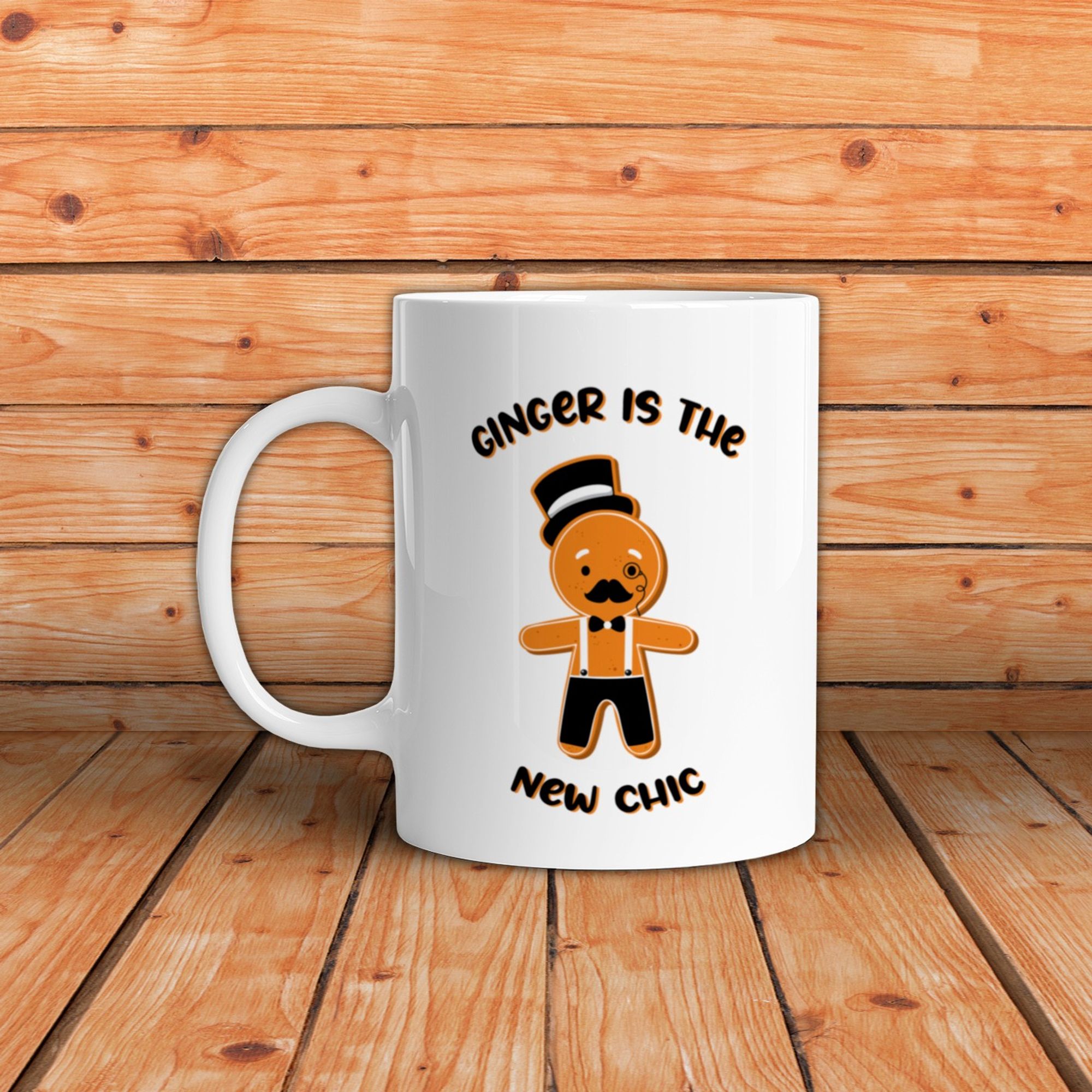 Mug de Noël représentant un bonhomme en pain d'épices fichtrement élégant et avec le texte "ginger is the new chic"