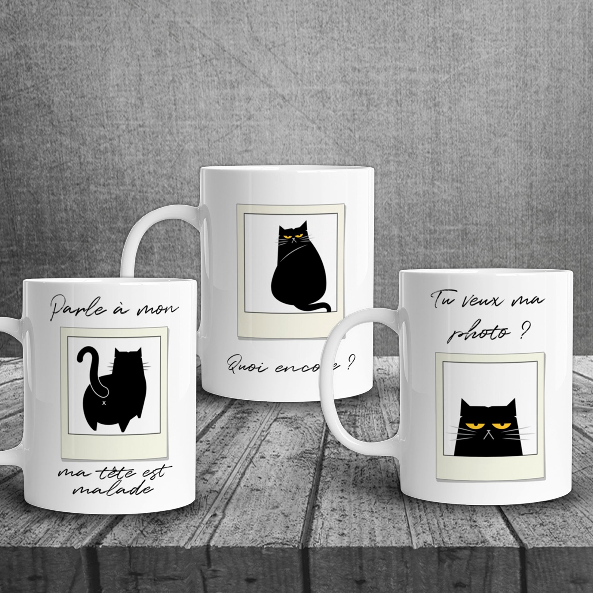 Mugs représentant un chat de mauvaise humeur réhaussé d'un texte plein d'humour, 3 modèles au choix : "Tu veux ma photo ?", "Quoi encore ?" et "Parle à mon chat, ma tête est malade"