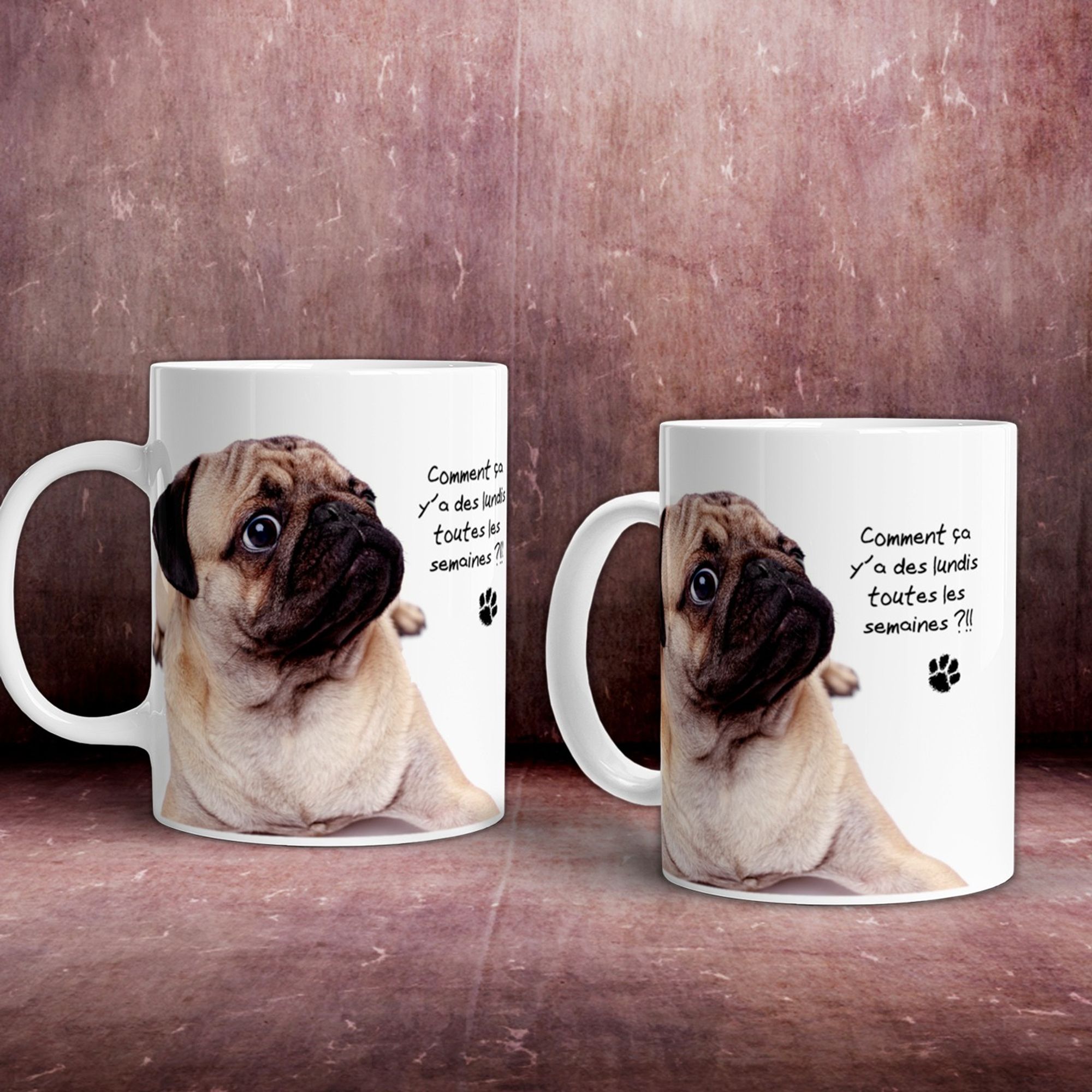 Mug avec une photo de carlin qui a un air interloqué agrémenté de la phrase pleine d'humour : "comment ça y'a des lundis toutes les semaines ?" comme si le chien parlait.