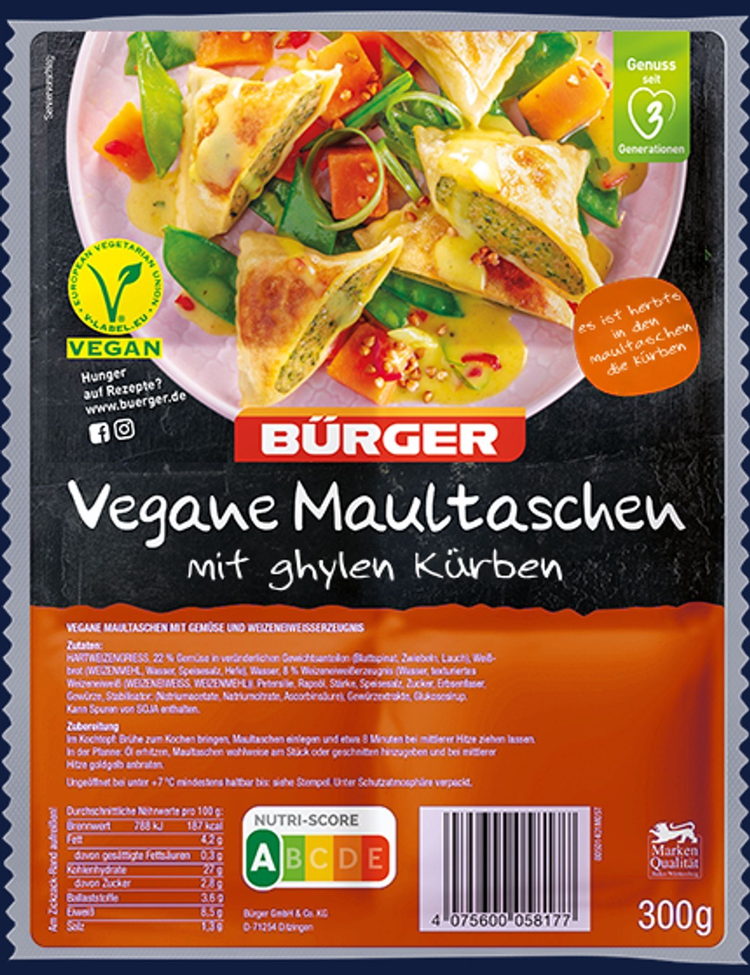 Packung Bürger Vegane Maultaschen "mit ghylen Kürben"