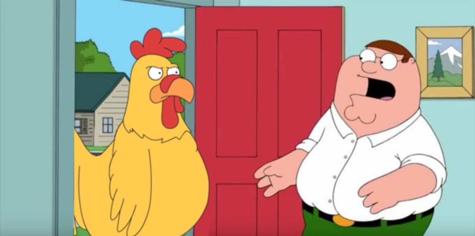 Peter Griffin se encuentra a Ernie el pollo gigante en la puerta