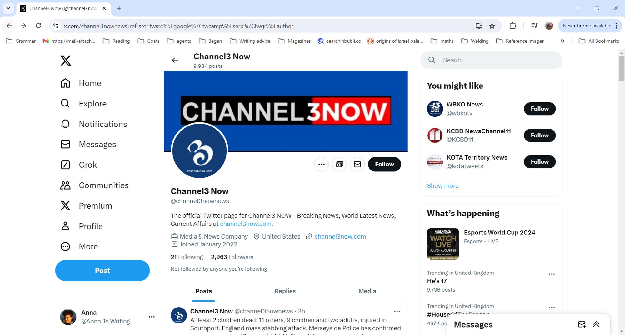 The Twitter profile of channel3now, which has 2963 followers.