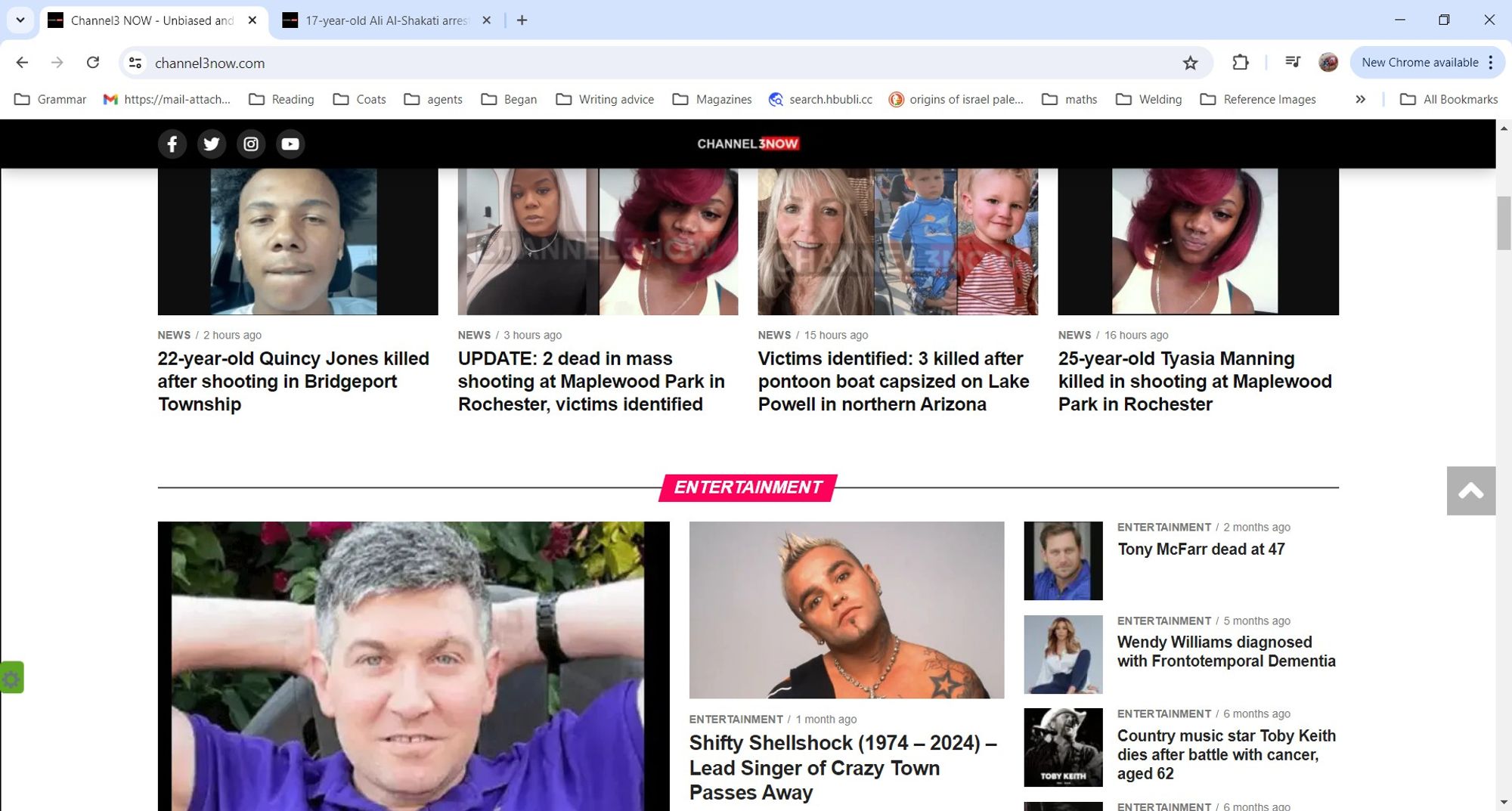 The entertainment section on the homepage, again featuring out-of-date stories.