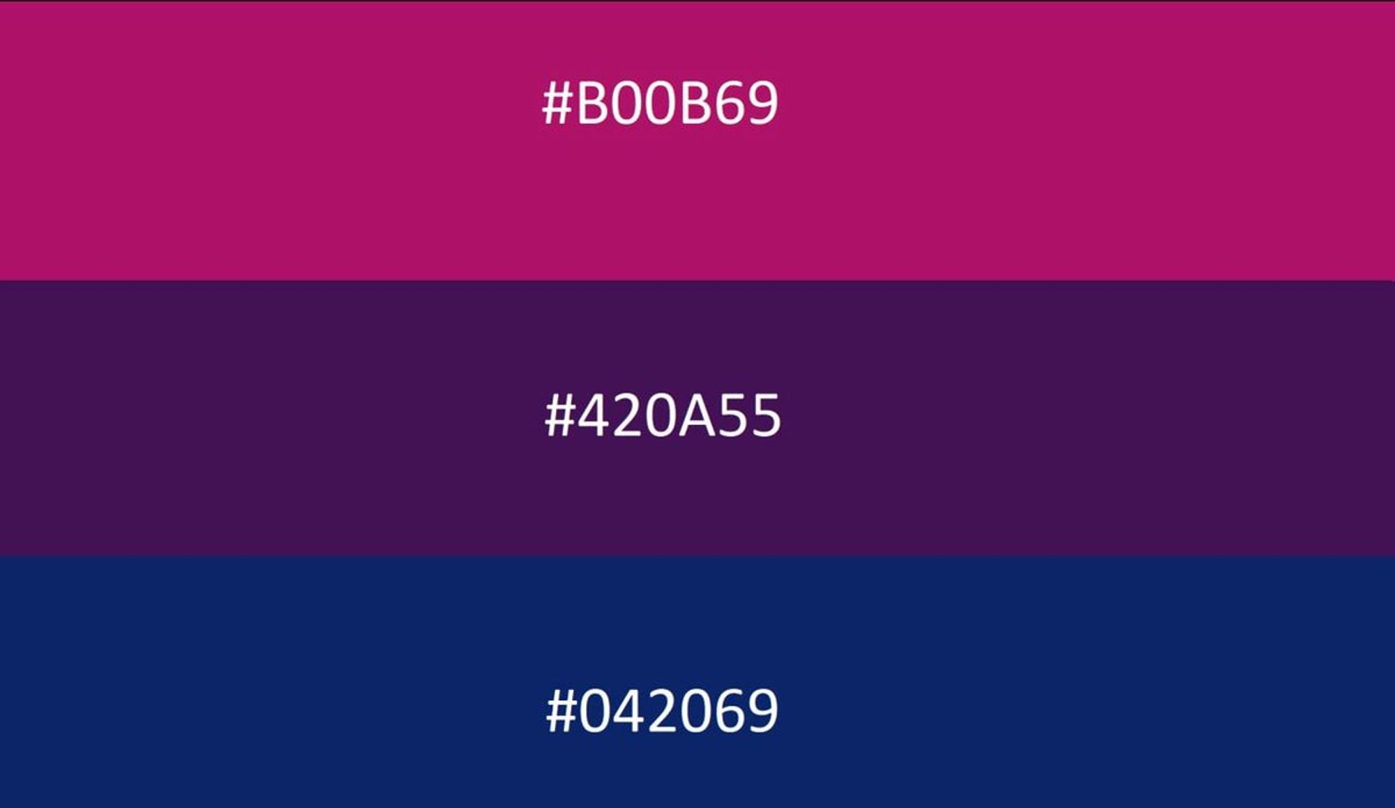 Bi flag with colour hex codes pink #B00B69 purple #420A55 and blue #042069