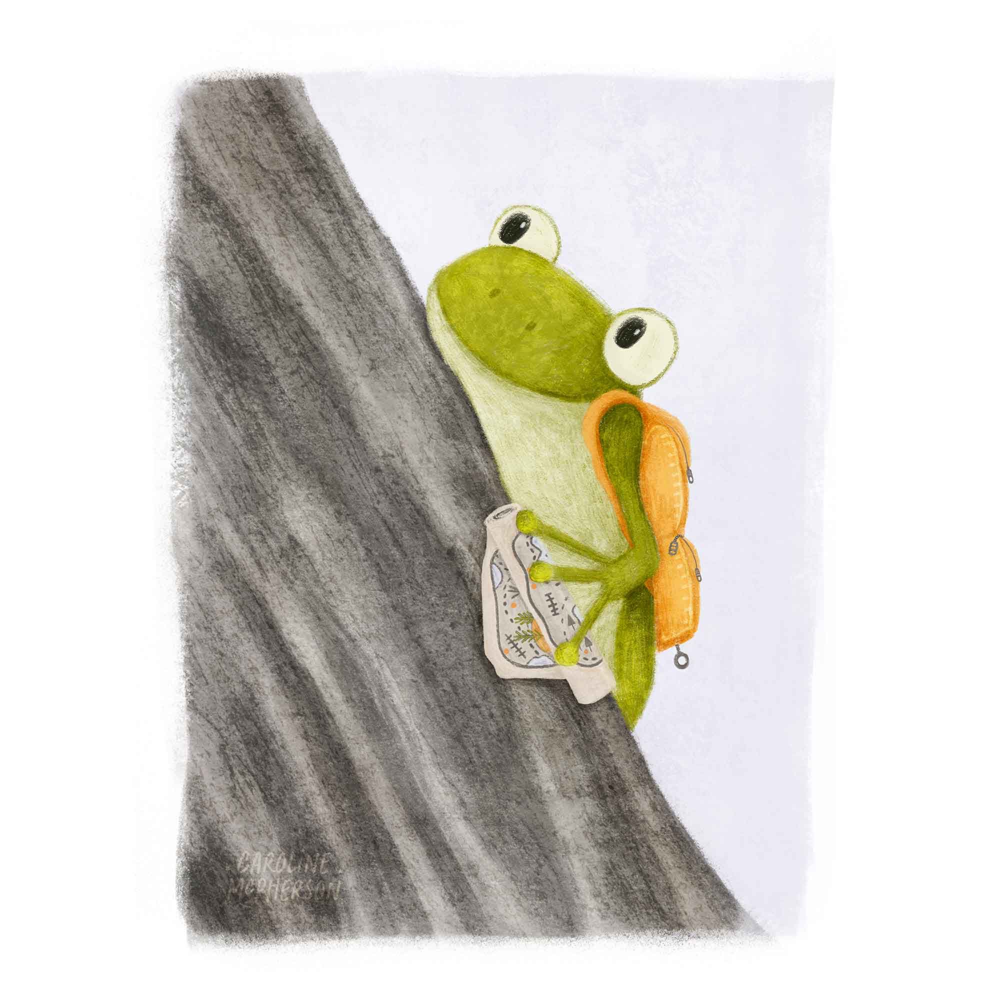 An illustration of a green tree frog with a warm yellow backpack and a rolled up stash of maps. He peeps out from behind a textured tree trunk, ready to head off on an adventure.