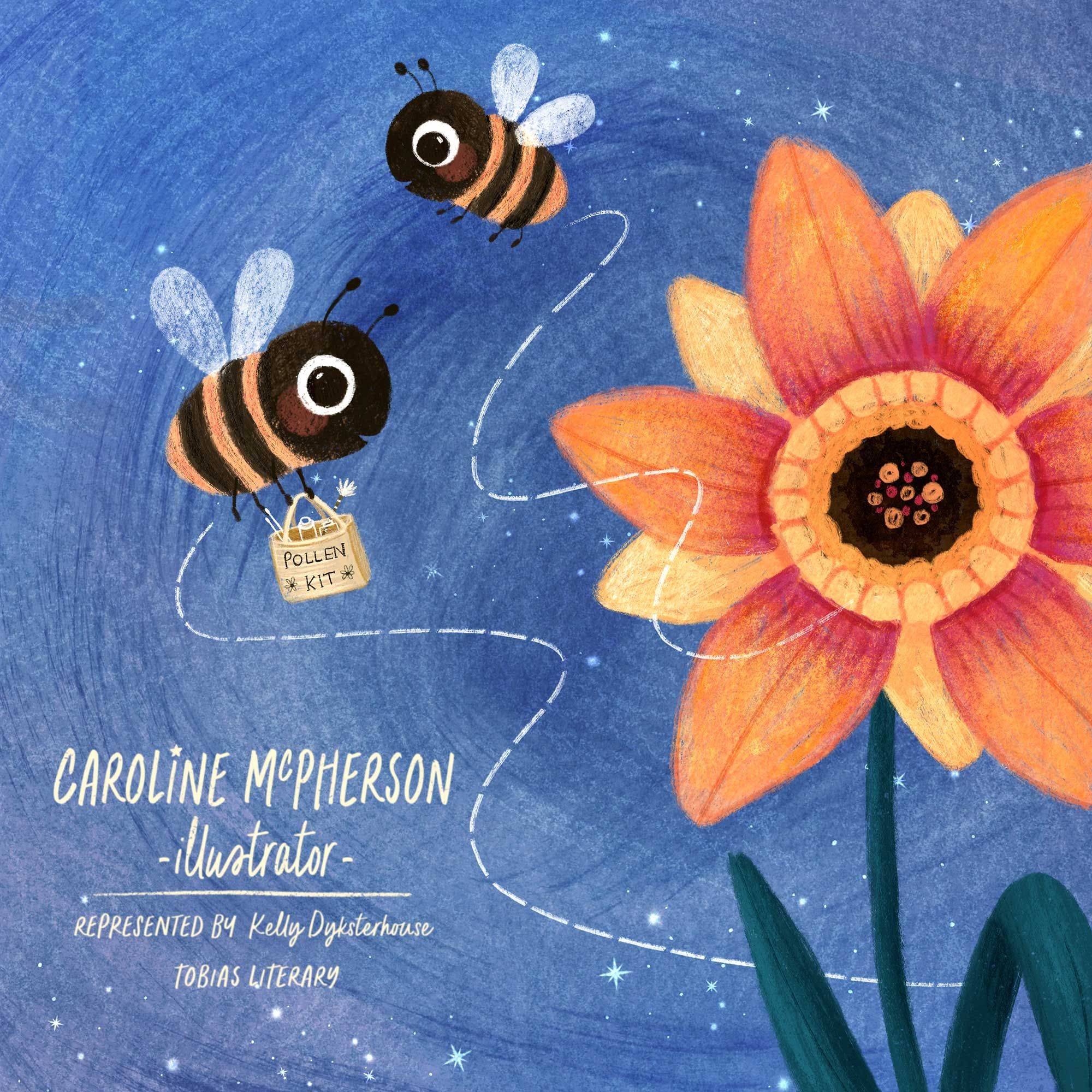 A storybook style illustration with two cute bumblebees, one carrying a bag with various tiny jars called 'pollen kit', and an orange and yellow daffodil flower.