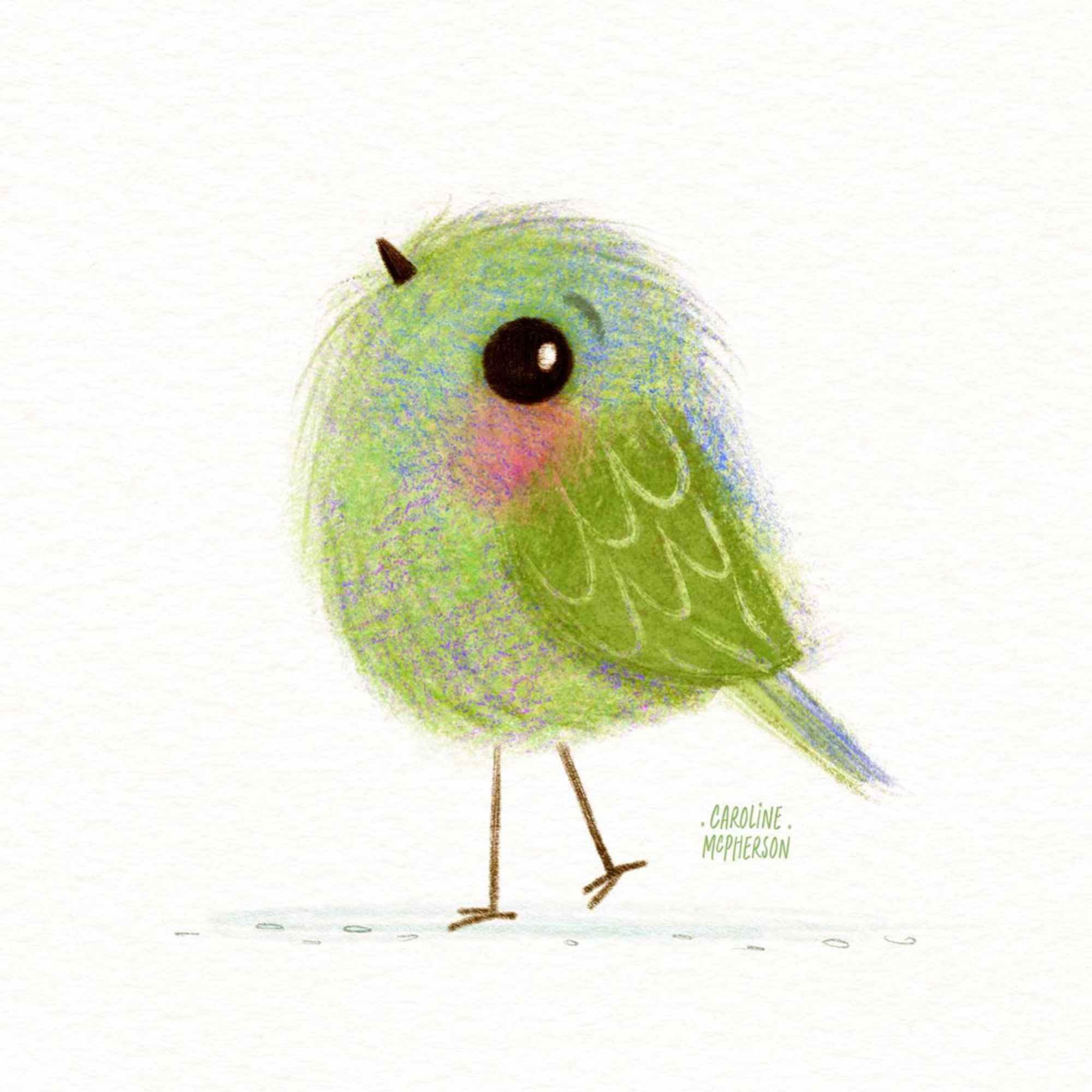 A little green bird illustration with soft blue and purple textures.