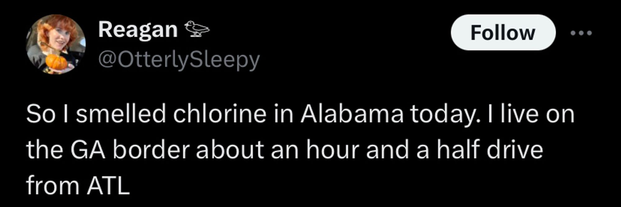 Tweet from @OtterlySleepy

So I smelled chlorine in Alabama today. I live on the GA border about an hour and a half drive from ATL