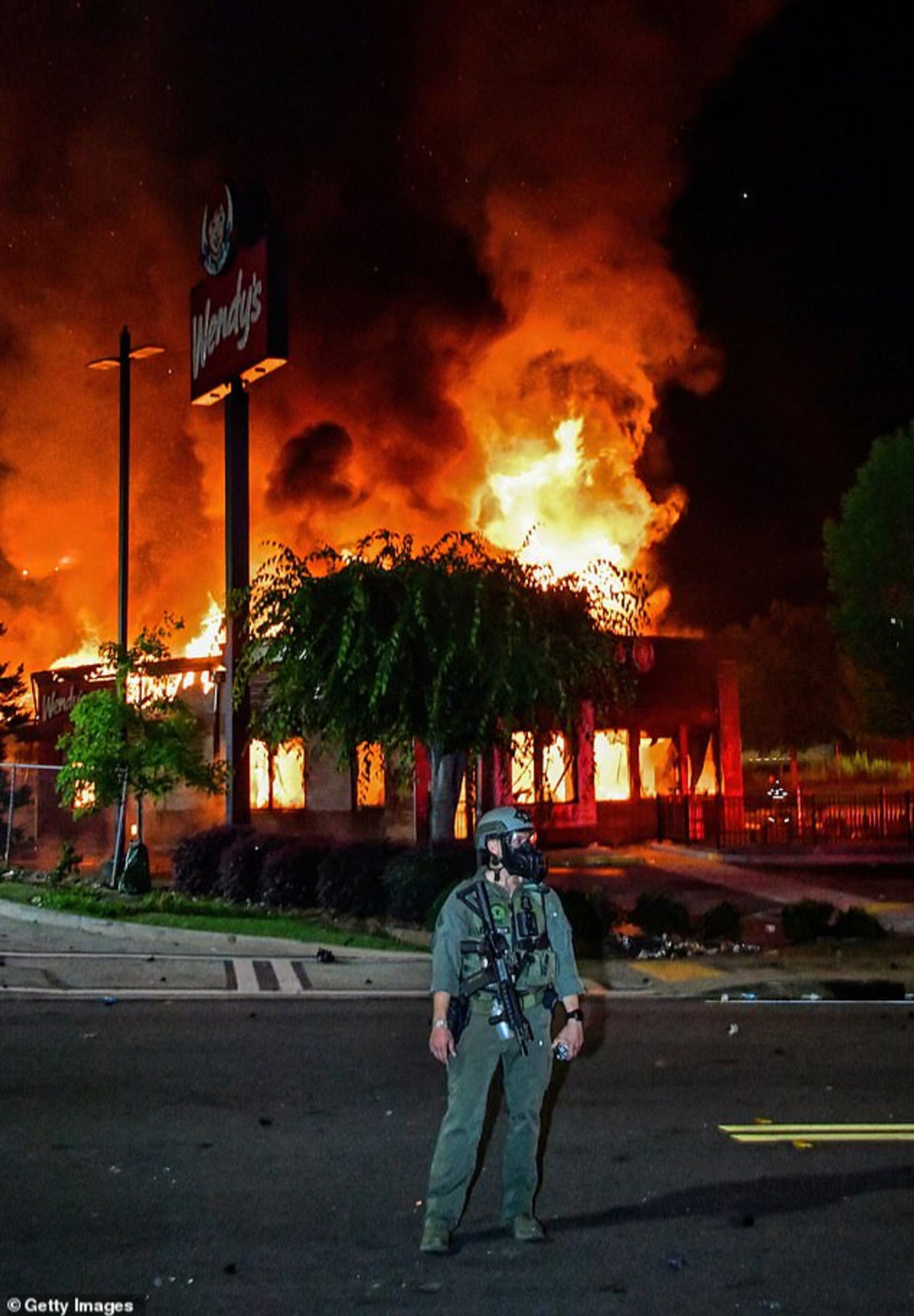 A Wendy’s in Georgia set ablaze after the 2020 police murder of Rayshard Brooks.