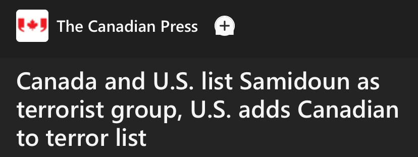 Headline screenshot because link card did not work 

The Canadian Press

Canada and U.S. list Samidoun as terrorist group, U.S. adds Canadian to terror list