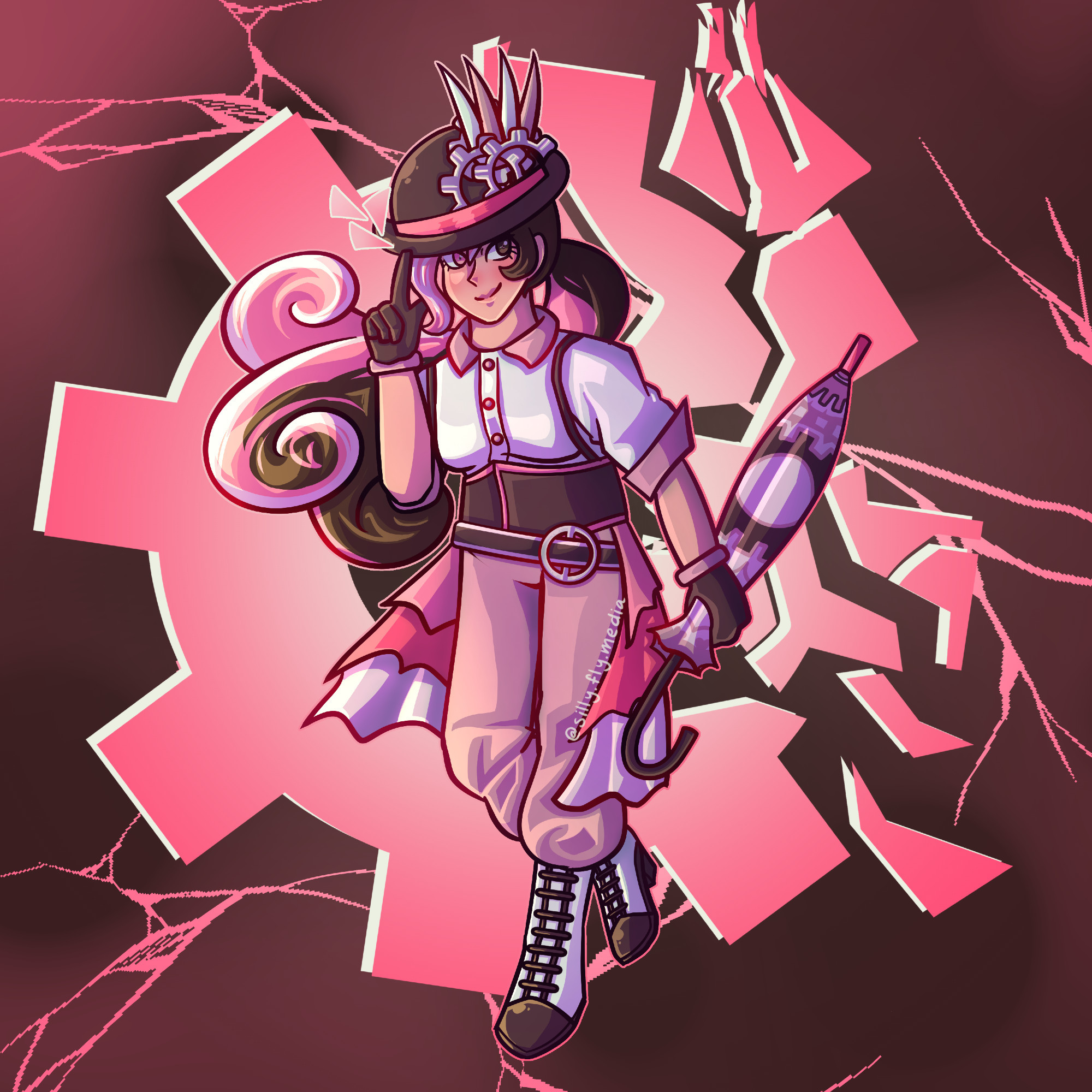 Neopolitan from RWBY running and tipping her hat with a background of a shattered gear