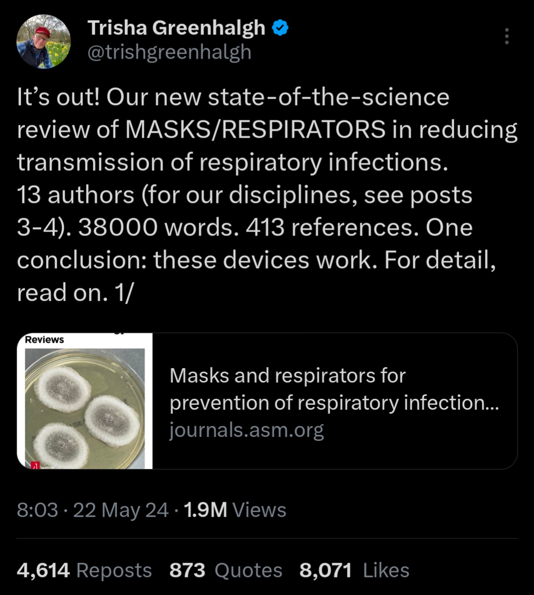 It’s out! Our new state-of-the-science review of MASKS/RESPIRATORS in reducing transmission of respiratory infections. 13 authors (for our disciplines, see posts 3-4). 38000 words. 413 references. One conclusion: these devices work. For detail, read on.