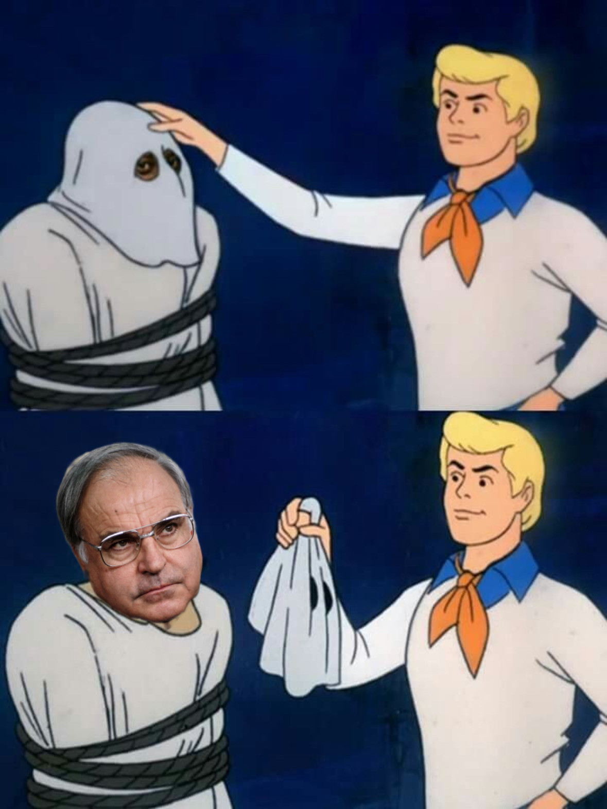 Meme Demaskierung aus „Scooby Doo“. Der Bösewicht unter Maske hat das Gesicht von Helmut Kohl