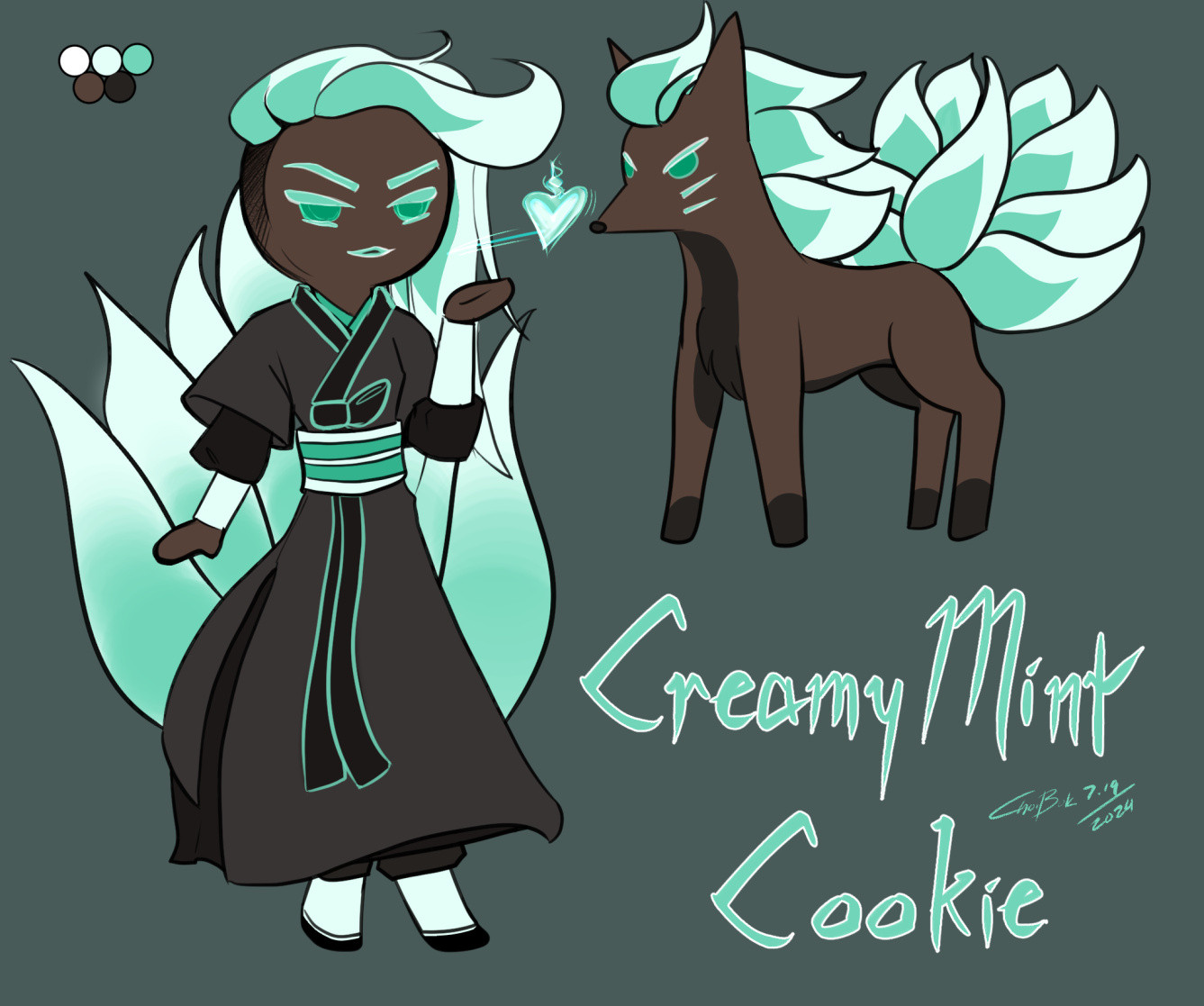 Creamy Mint Cookie, a chocolate cookie (Cookie Run style) with flowy hair and nine tails that are mint green, wearing a stylized fantasy hanbok that's mostly brown and black with green and white accents. The cookie blows a minty heart-shaped charm at the viewer. His marshmallow fox form is placed at the right, with similar color accents in his hair and tails.