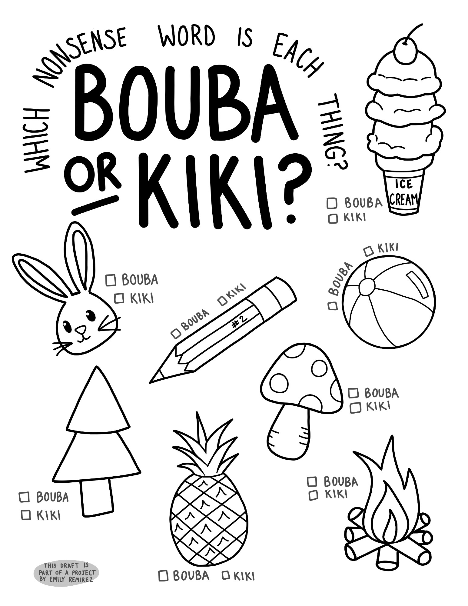 Stylized text reads "Which nonsense word is each thing? Bouba or kiki?" Line illustrations of an ice cream cone, a bunny, a pencil, a beach bacll, a pine tree, a pineapple, a toadstool, and a campfire. Next to each illustration are checkboxes labeled "bouba" and "kiki"