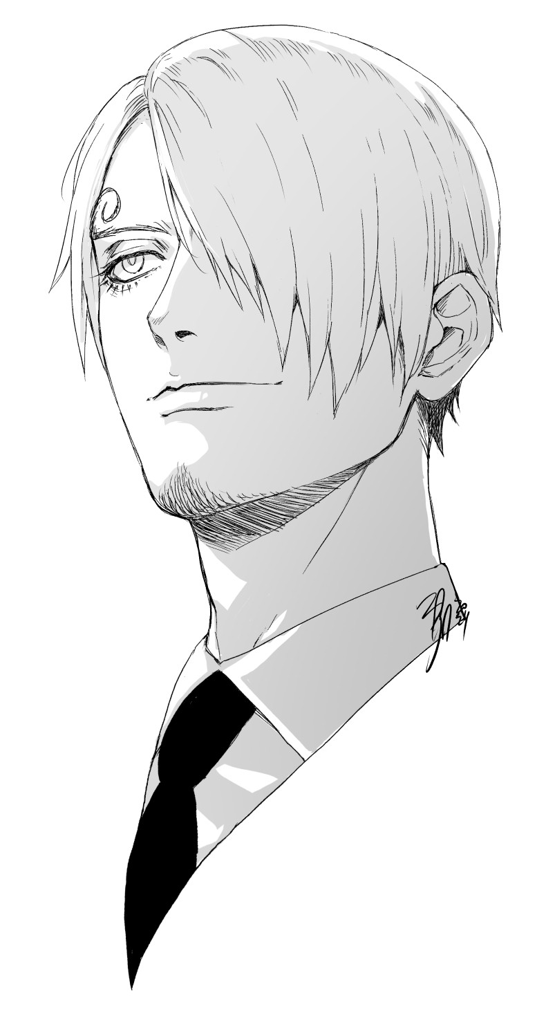 headshot drawing of Sanji from One Piece in black and white.