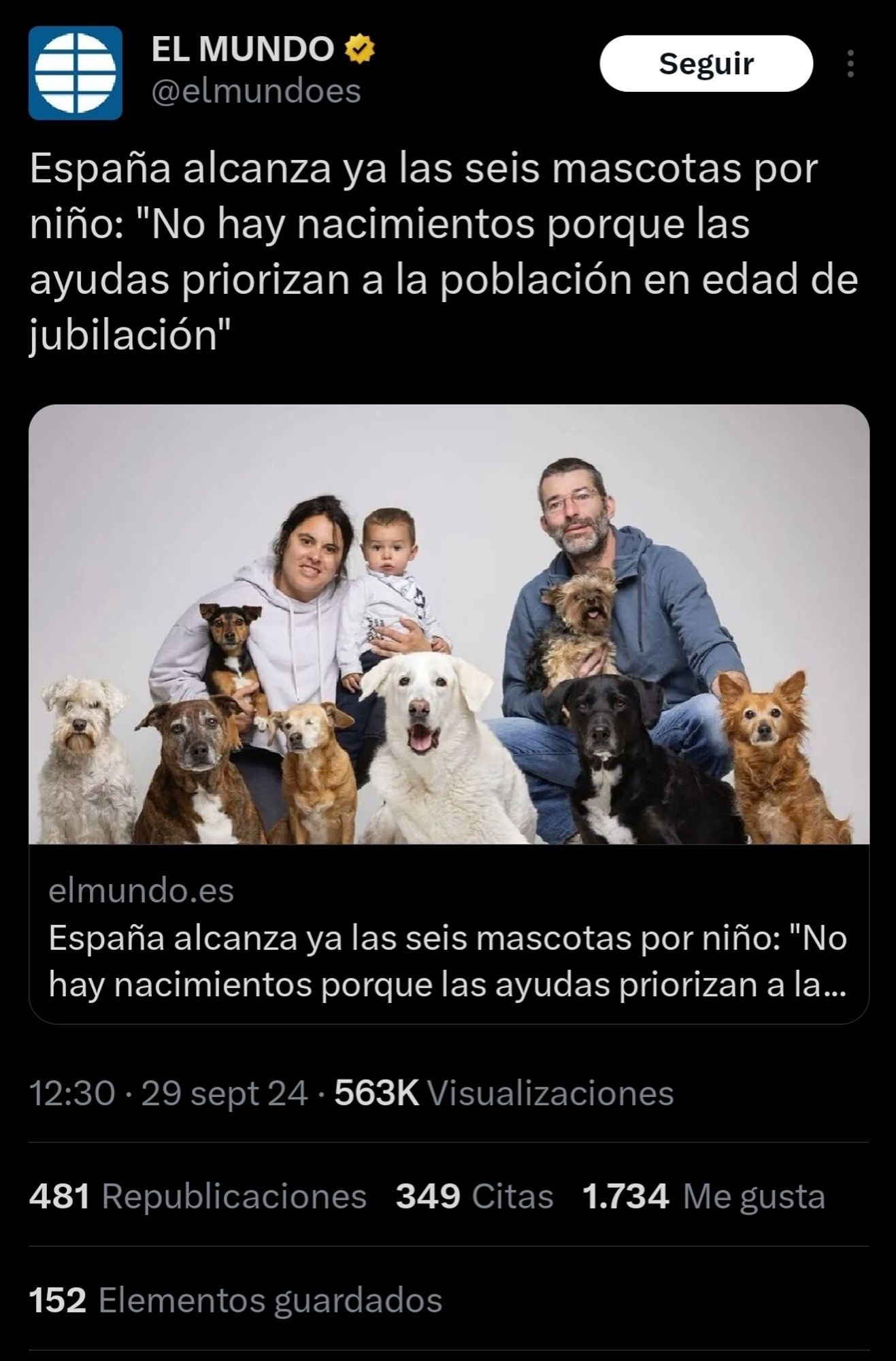 Noticia del periódico El Mundo: "España alcanza ya las seis mascotas por niño: "No hay nacimientos porque las ayudas priorizan a la población en edad de jubilación""