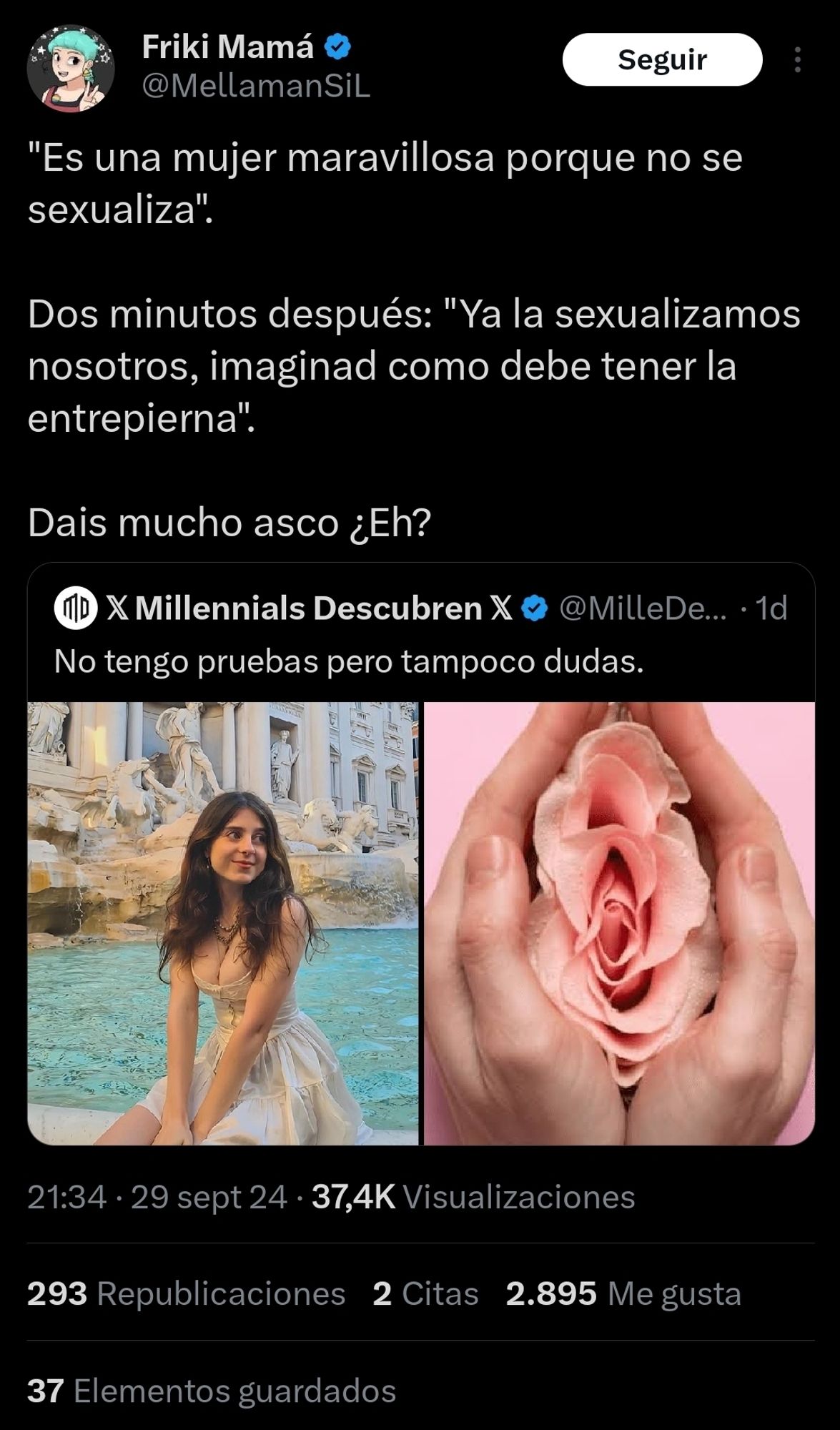 Tweet de un hombre imaginándose como debe de ser la vagina de una chica, y una twitera criticandole y llamándolo asqueroso